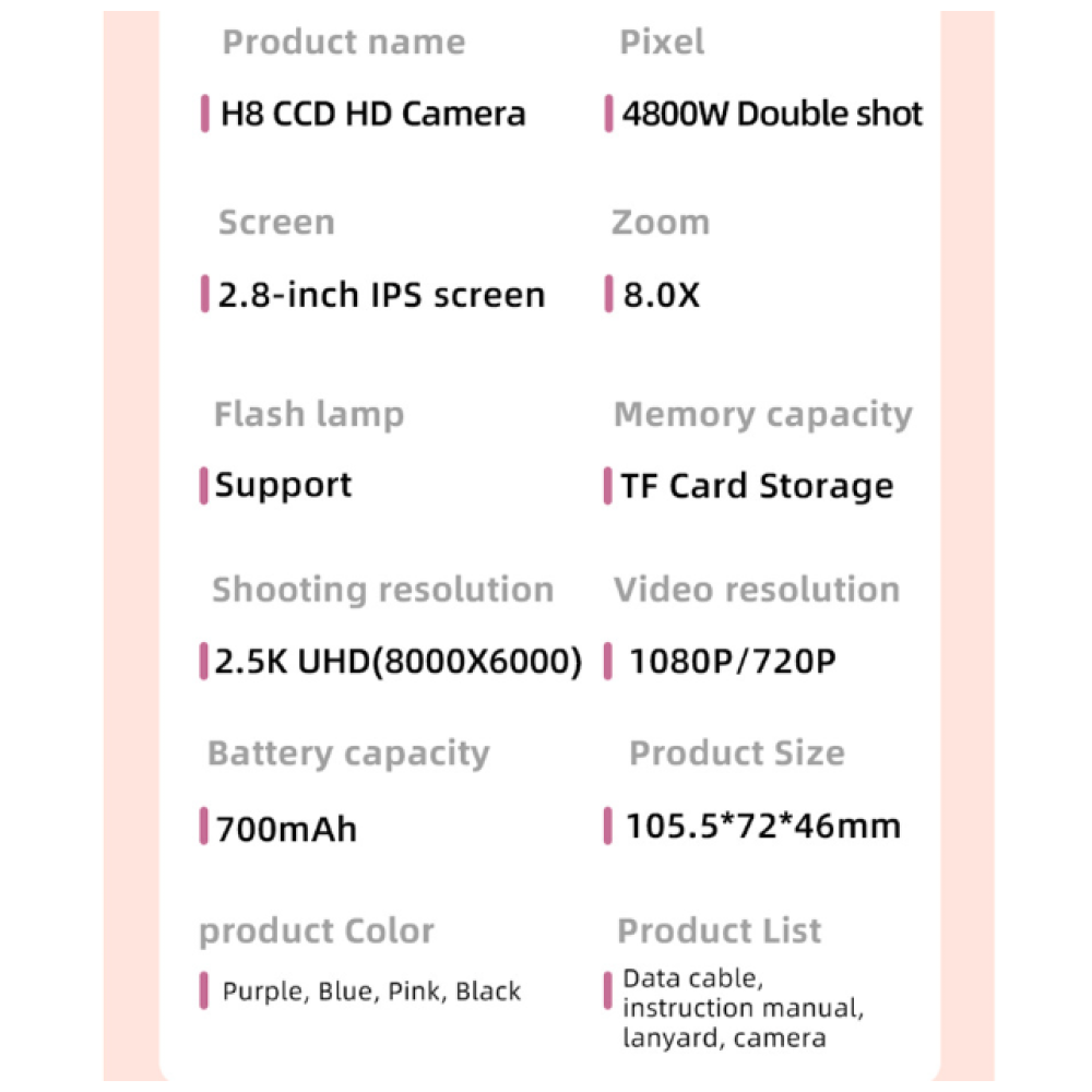 Produktspezifikationen für eine H8 CCD HD Kamera. Enthält Bildschirmgröße, Zoom, Auflösung, Akku, Farben und Produktliste.