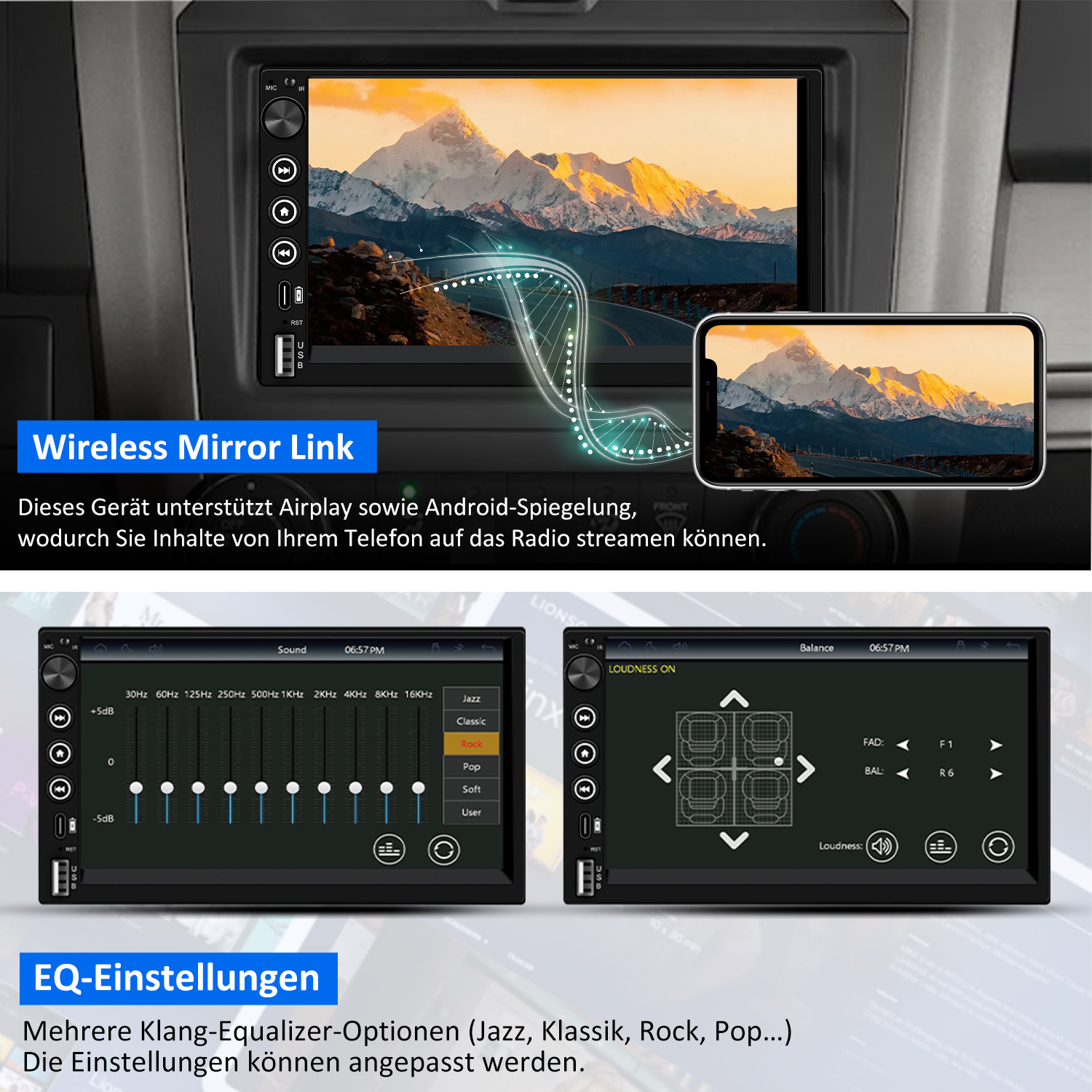 Hodozzy Android Autoradio Double Din 7 Inch Touchscreen Scherm GPS Navi, Wifi, Bluetooth Handsfree, 2 Din Car Stereo Mirror Link Android/iOS, FM RDS Radio, Achteruitrijcamera, USB, SWC