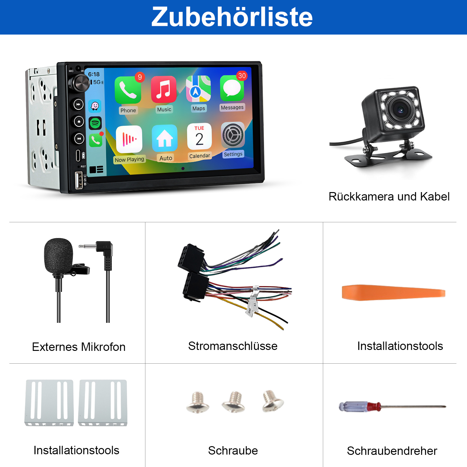 Das Bild zeigt Autoradio, Rückfahrkamera, Mikrofon, Verkabelung, Werkzeuge, Schrauben und Schraubendreher. Alles Zubehör.