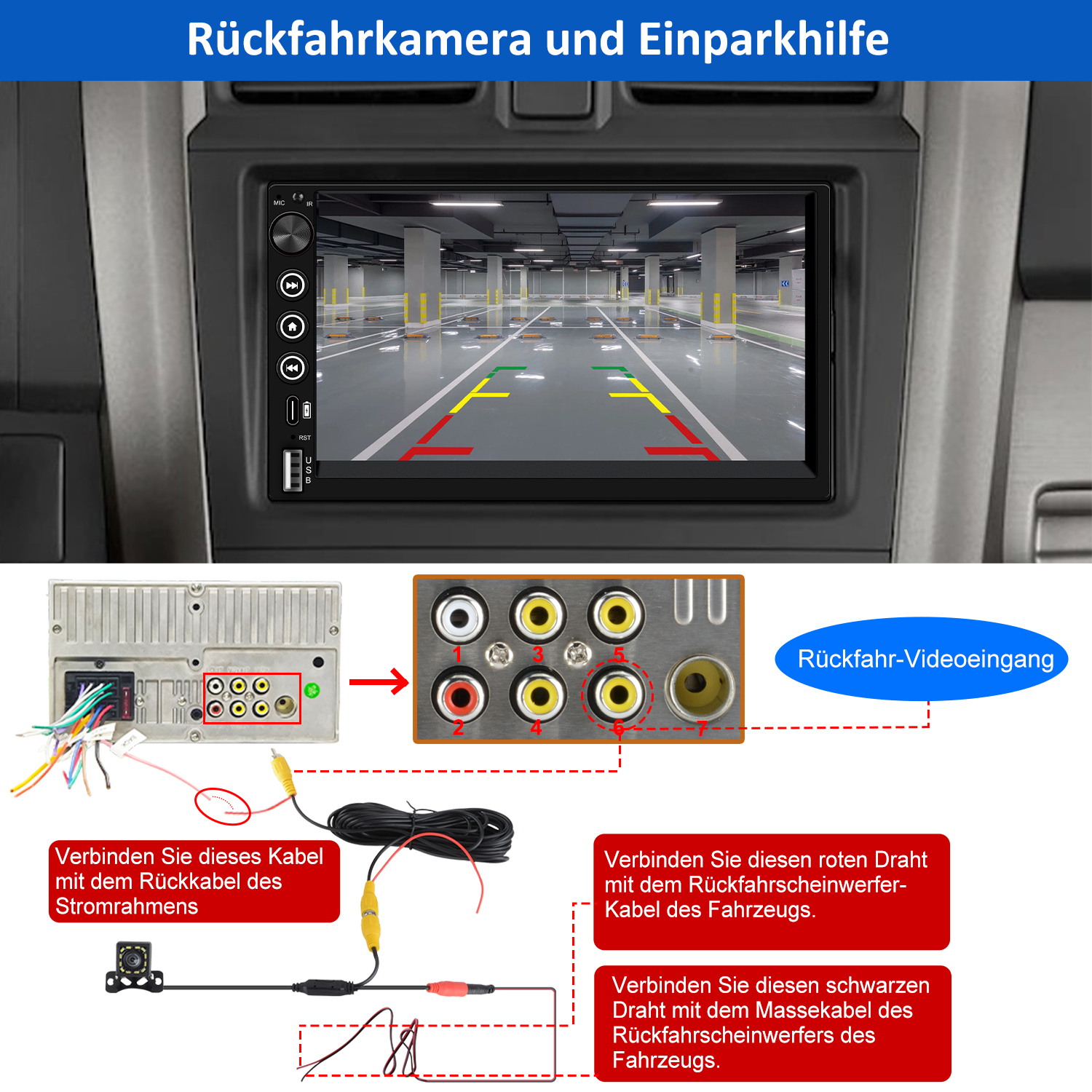 Auto-Infotainment-Systembildschirm mit Parkhausansicht. Schaltplan mit Textanweisungen zum Anschließen einer Kamera.