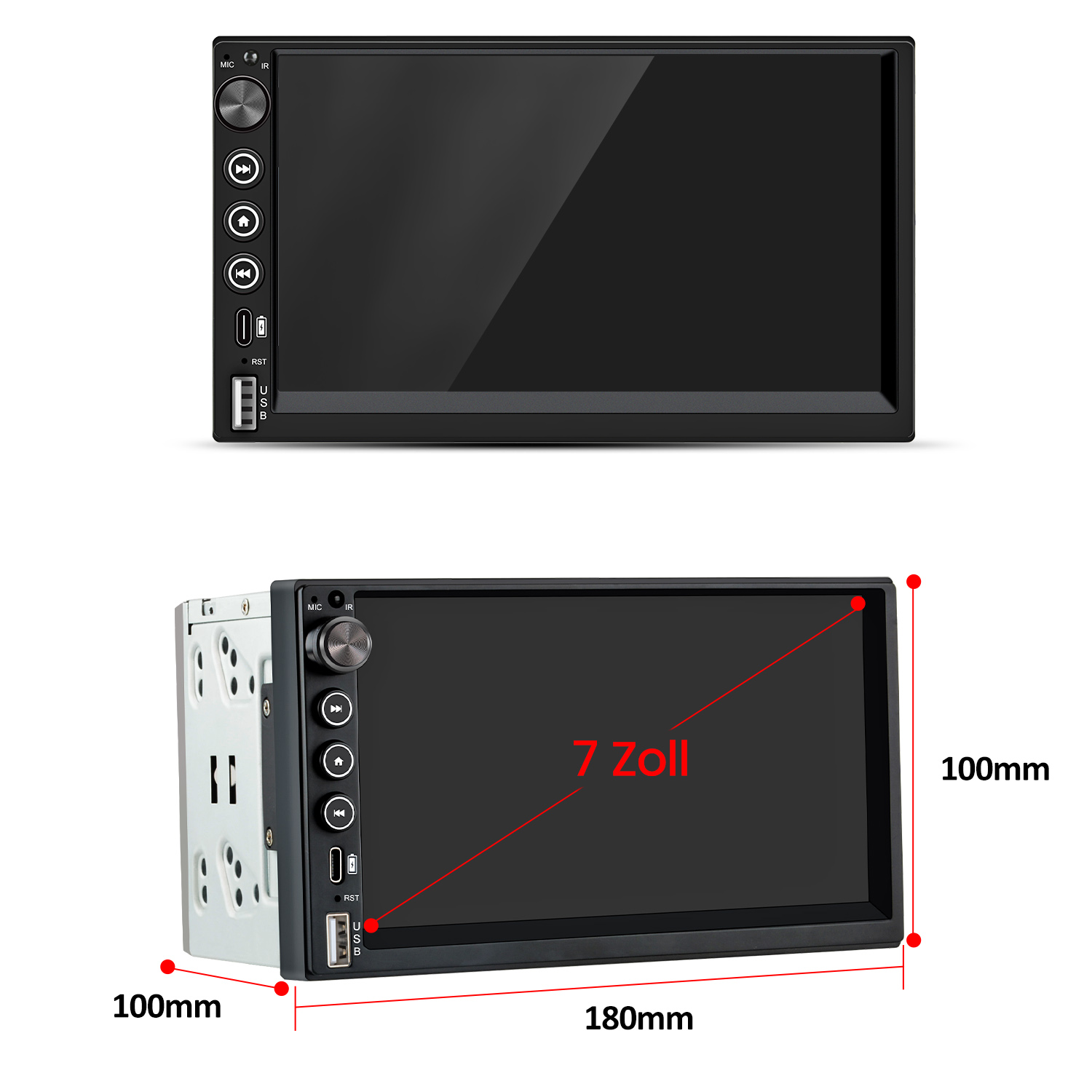 Ein schwarzes Autoradio mit Bildschirm, Knöpfen und USB-Anschluss. Abmessungen: 180 mm x 100 mm. Es hat einen 7 Zoll Bildschirm.