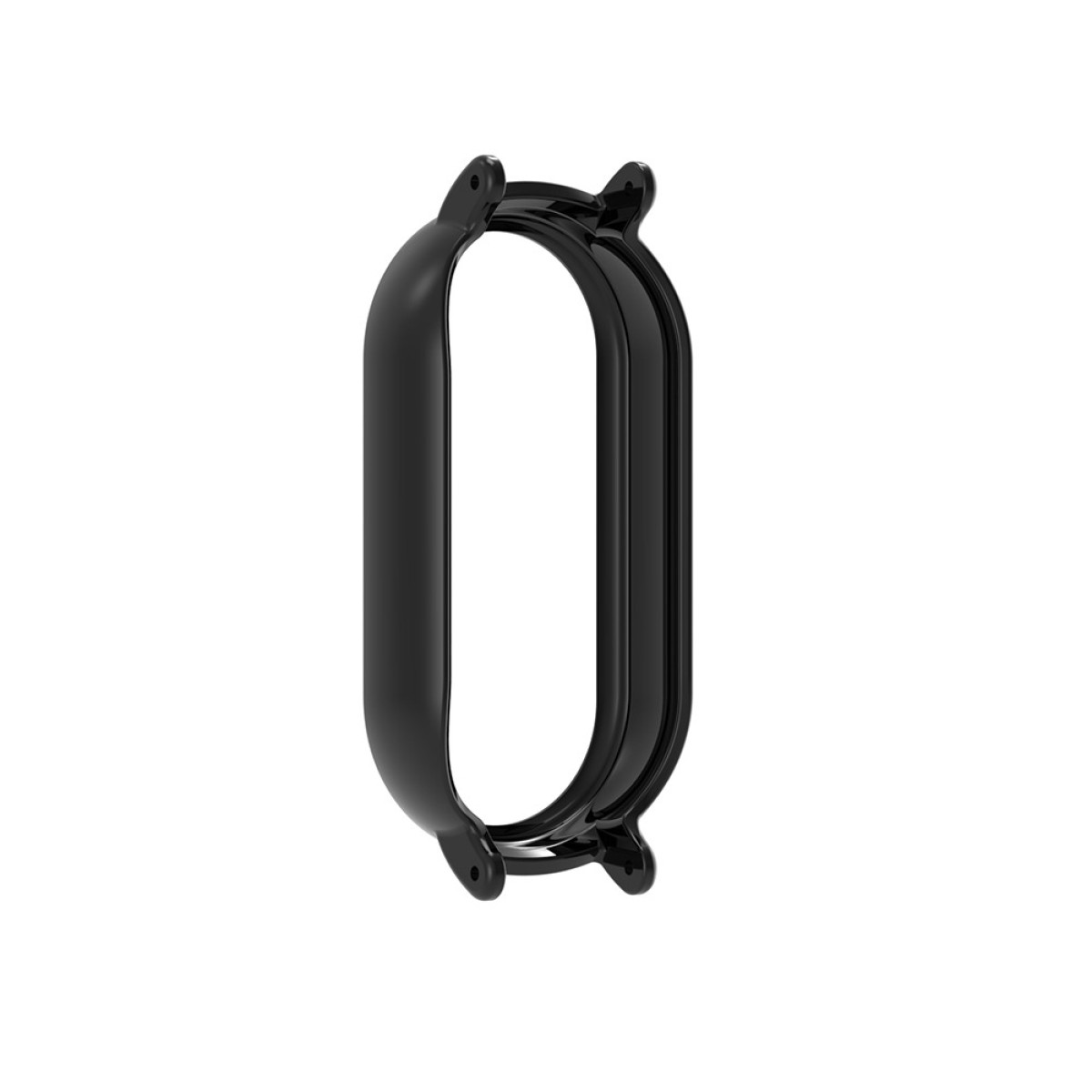 Una cassa dell'orologio nera, di forma ovale, su sfondo bianco. Ha quattro piccole sporgenze e una finitura lucida.