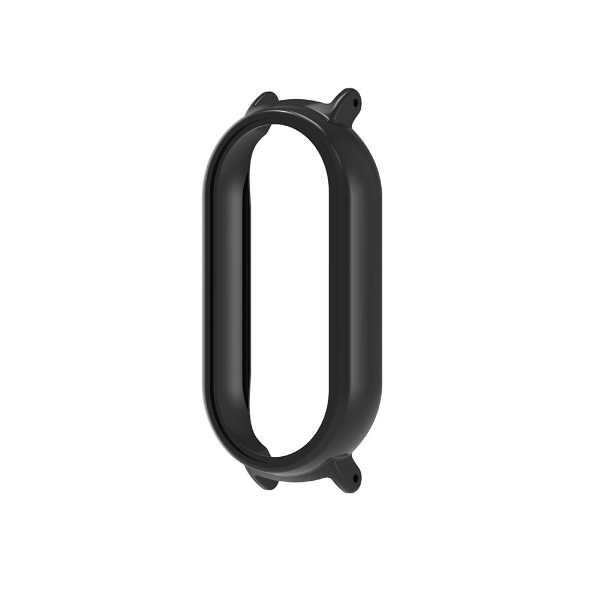 Una cassa per orologio nera, di forma ovale, su sfondo bianco. Ha bordi arrotondati e piccole sporgenze sopra e sotto.