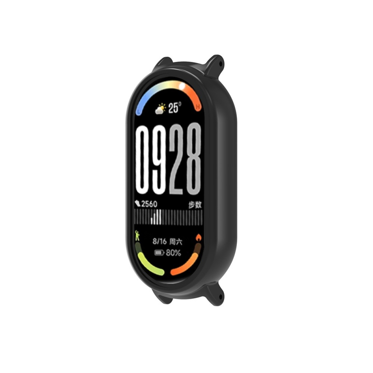 Smartwatch nero con orario 09:28, temperatura 25°, passi, data 16/8 e batteria 80%.