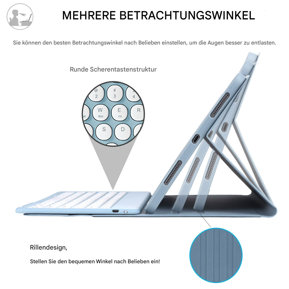 Eine blaue Tablet-Hülle mit Tastatur, verstellbarem Ständer und Nahaufnahme der Tastaturtasten. Text auf Deutsch.