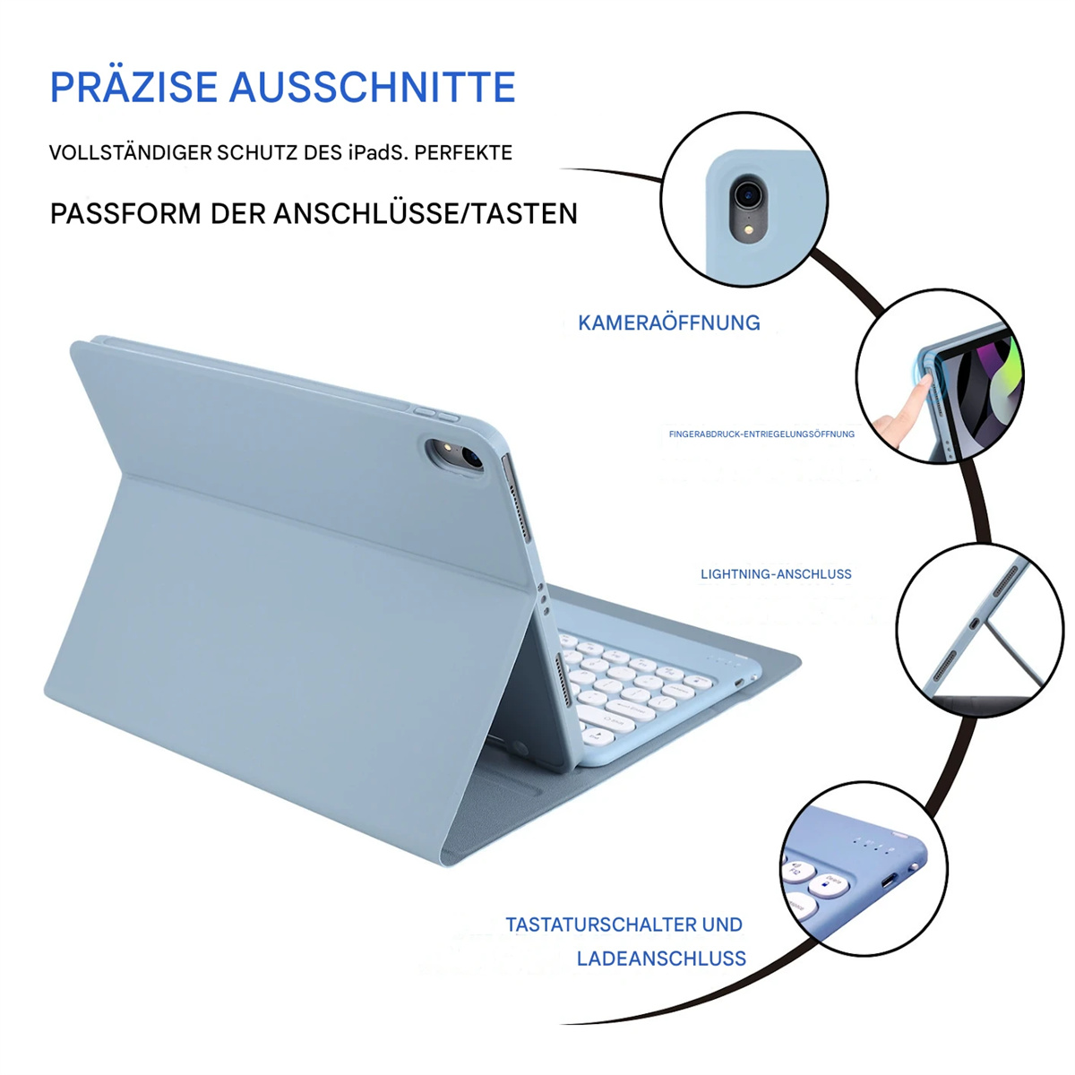 Eine iPad-Hülle mit Tastatur, hellblau, mit Etiketten, die auf Kamera, Ladeanschluss und andere Funktionen zeigen.