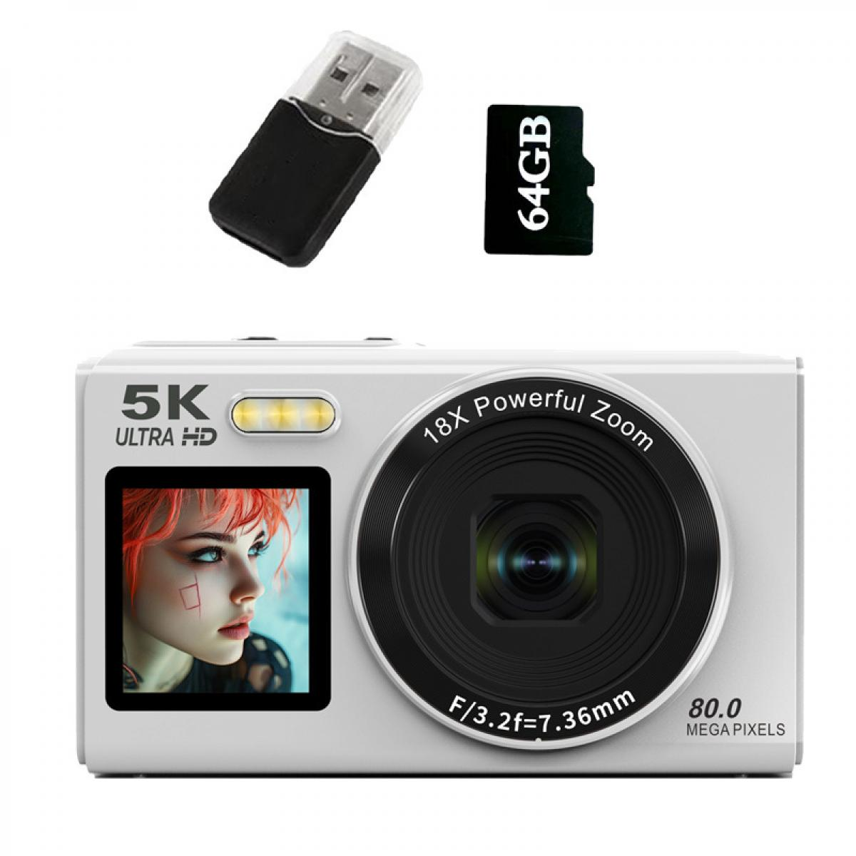 Eine weiße Digitalkamera mit Bildschirm, auf dem das Gesicht einer Frau zu sehen ist, sowie ein USB-Stick und eine Speicherkarte darüber.