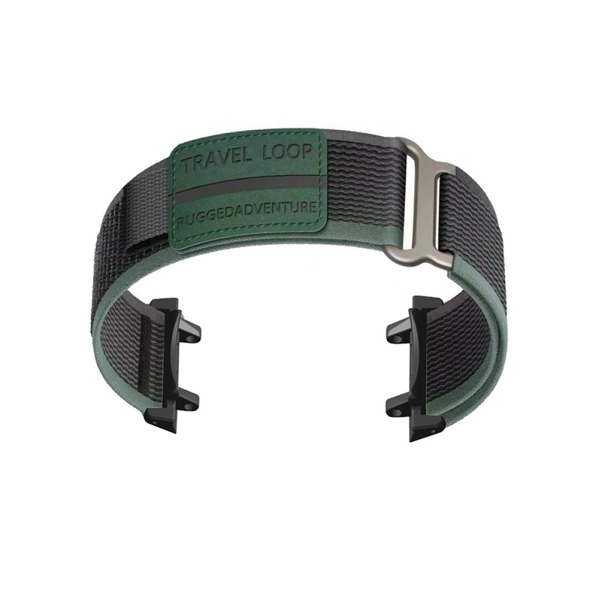 Un cinturino per orologio con dettagli verdi e neri. Ha una fibbia in metallo e le parole 'TRAVEL LOOP' e 'RUGGEDADVENTURE'.