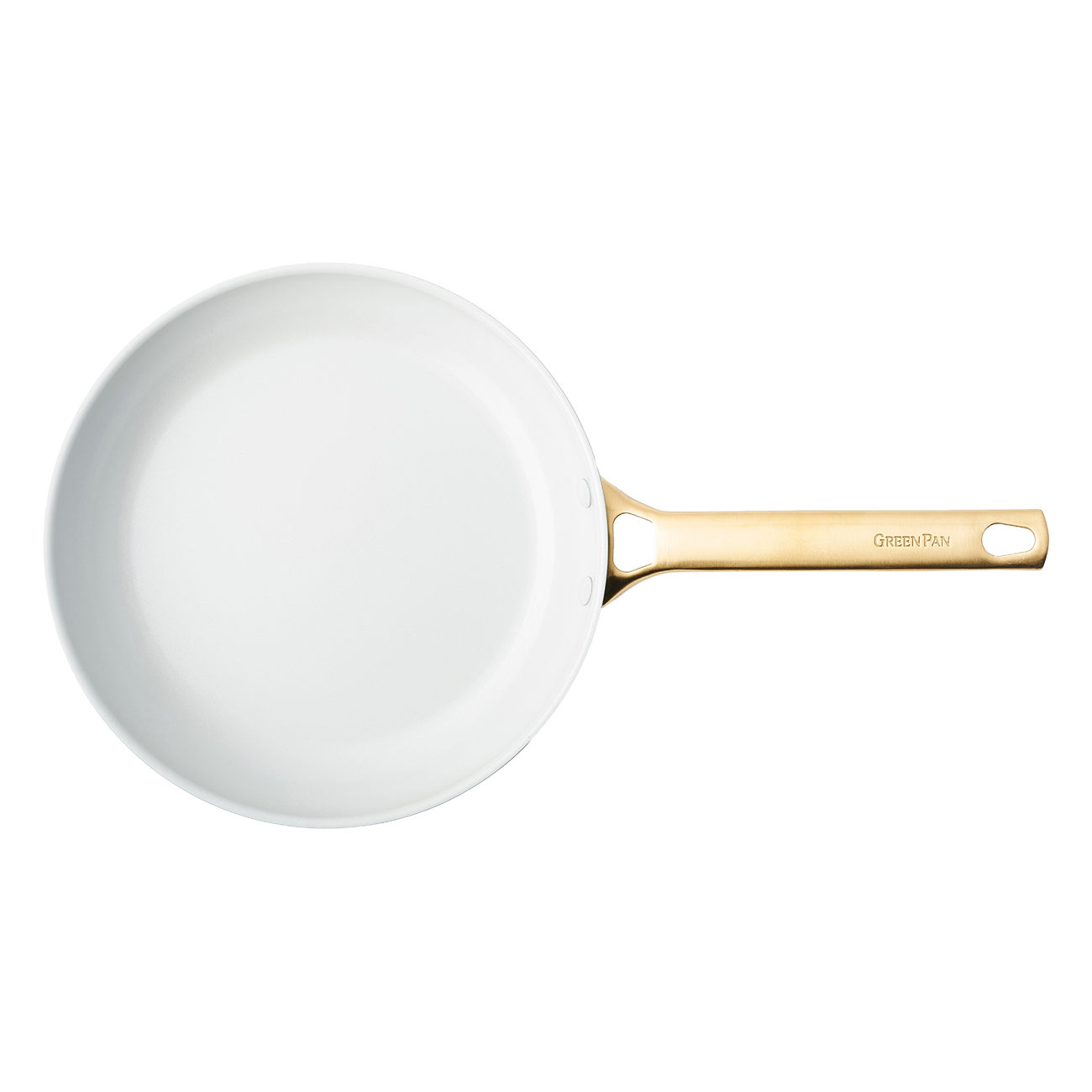 Eine weiße Keramikbratpfanne mit goldenem Griff, Markenname 'Green Pan' sichtbar.