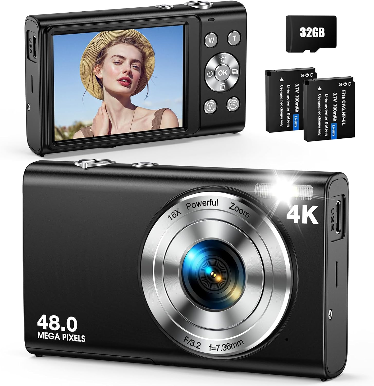 Schwarze Digitalkamera mit Bildschirm, der eine Frau mit Hut zeigt. Enthält Akku, 32GB Karte und 4K, 48MP-Funktionen.