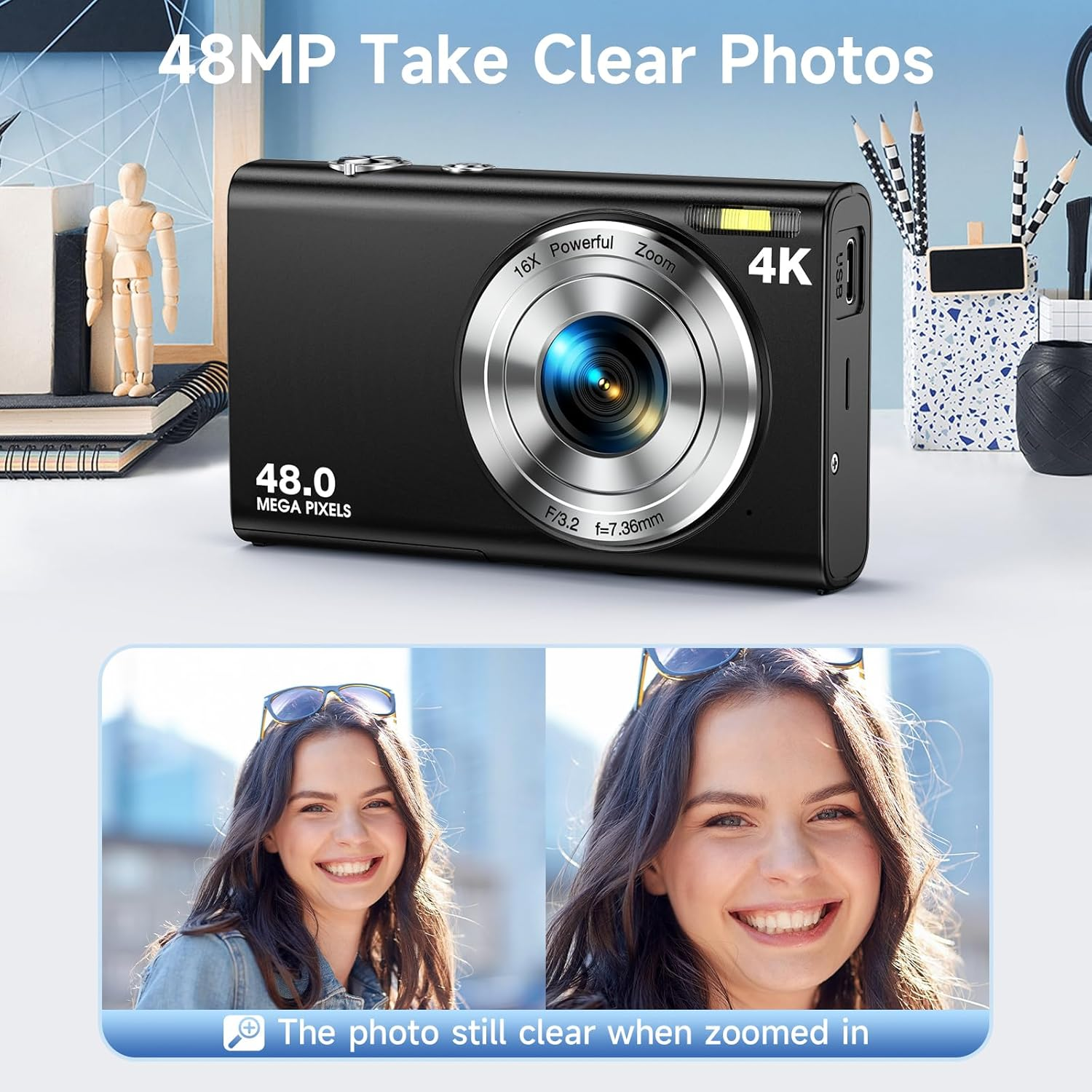 Eine schwarze Kamera mit großem Objektiv und 4K-Aufschrift. Darunter sind zwei lächelnde Gesichter von Frauen. Text sagt 'Klare Fotos machen'.