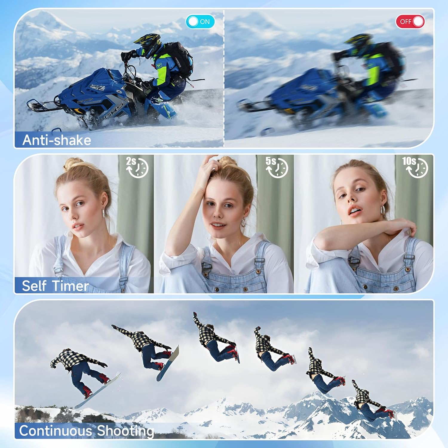 Das Bild zeigt Anti-Shake-, Selbstauslöser- und Serienaufnahmefunktionen. Enthält ein Schneemobil, eine Frau und einen Snowboarder.