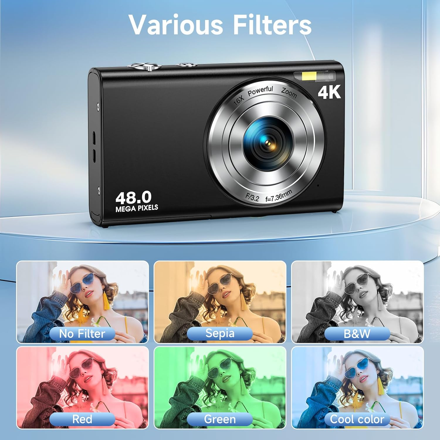 Eine schwarze Kamera mit verschiedenen Filteroptionen. Unten sind Bilder einer Frau mit verschiedenen Farbfiltern. Text beschreibt die Filter.
