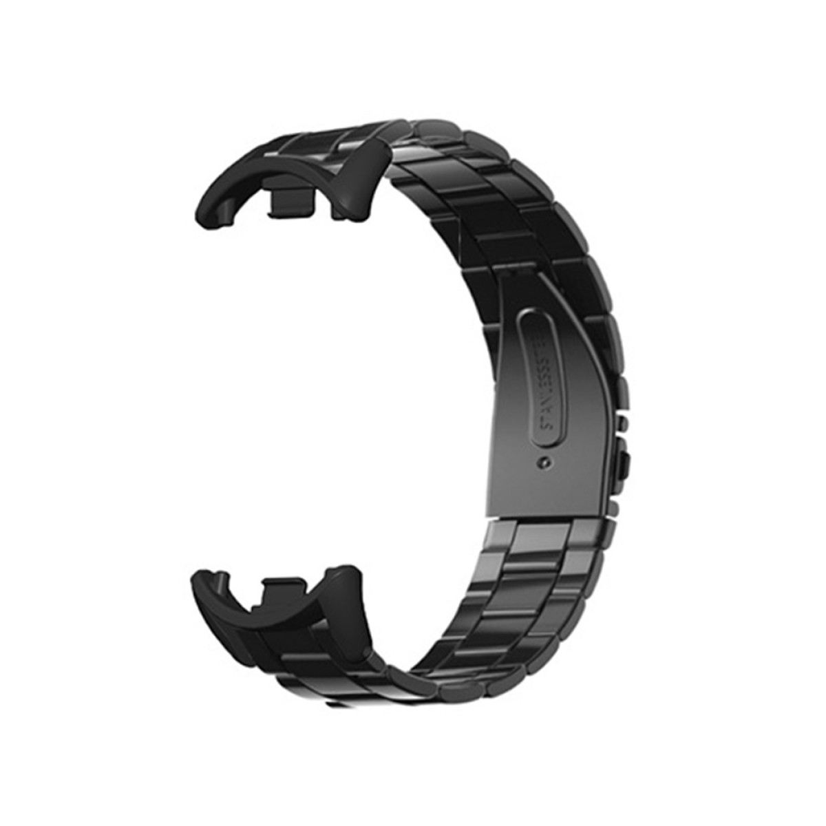 Schwarzes Edelstahl-Uhrenarmband. Das Armband ist gebogen und hat einen Verschluss mit der Aufschrift 'STAINLESS STEEL'.