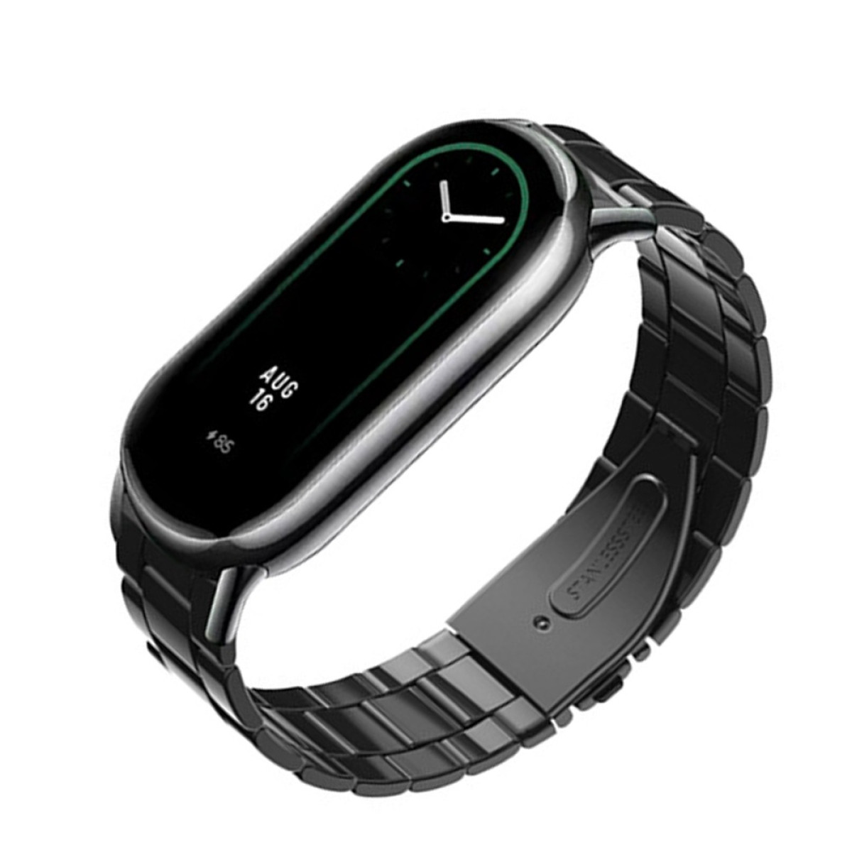 Schwarze Smartwatch mit Datum 16. August und einem eleganten Metallband. Das Zifferblatt zeigt die Uhrzeit an.