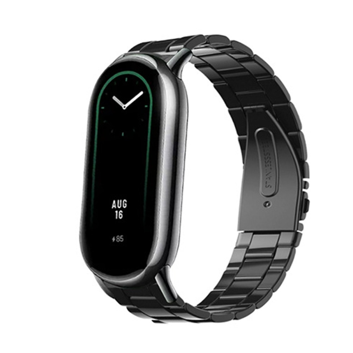 Schwarze Smartwatch mit Metallarmband. Der Bildschirm zeigt Zeit und Datum, 16. Aug. Die Uhr zeigt einen weißen Zeiger und die Zahl 85.