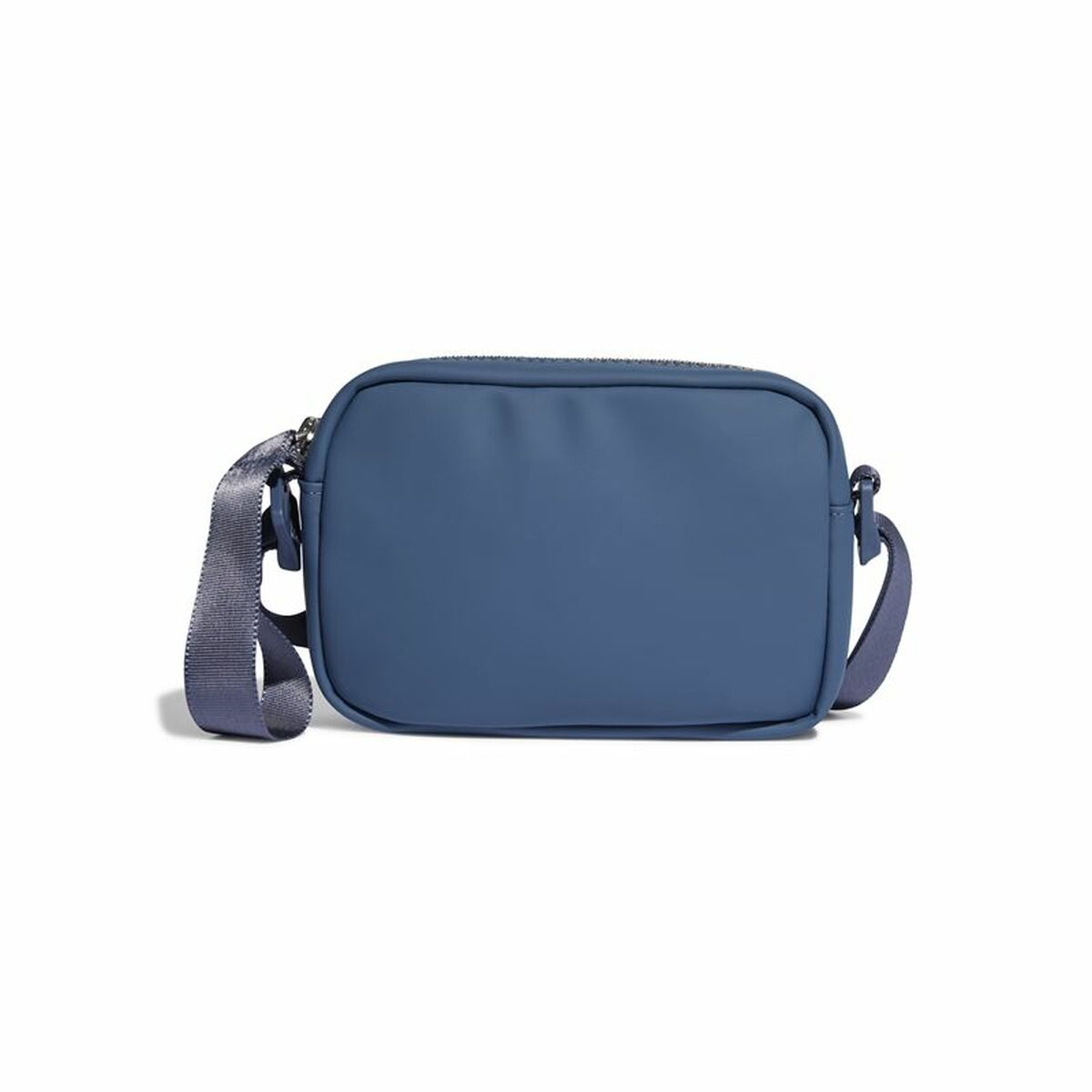 Eine blaue rechteckige Umhängetasche mit grauem Riemen auf weißem Hintergrund. Die Tasche hat einen Reißverschluss.