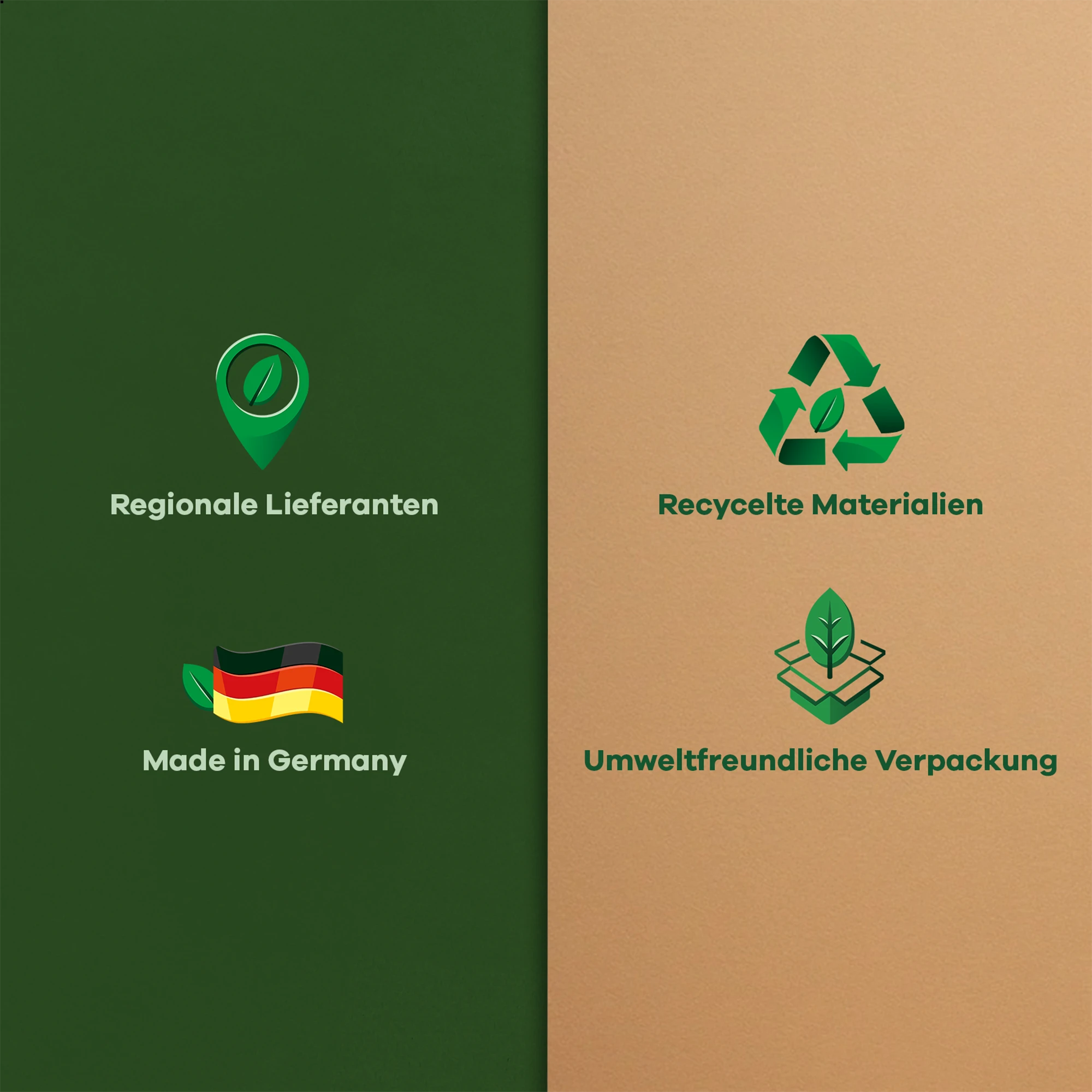 Bild mit grünen und braunen Hintergründen, das Umweltlogos und Text zeigt: Regionale Lieferanten, recycelte Materialien, Made in Germany, umweltfreundliche Verpackung.