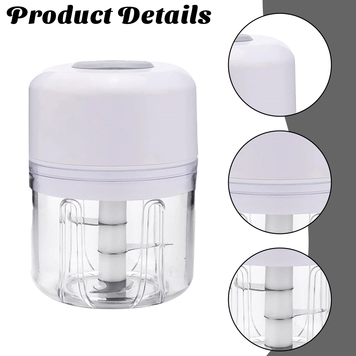 Ein weißer und klarer Foodprocessor mit Klingen wird gezeigt. Produktdetails sind abgebildet, mit Nahaufnahmen seiner Teile.