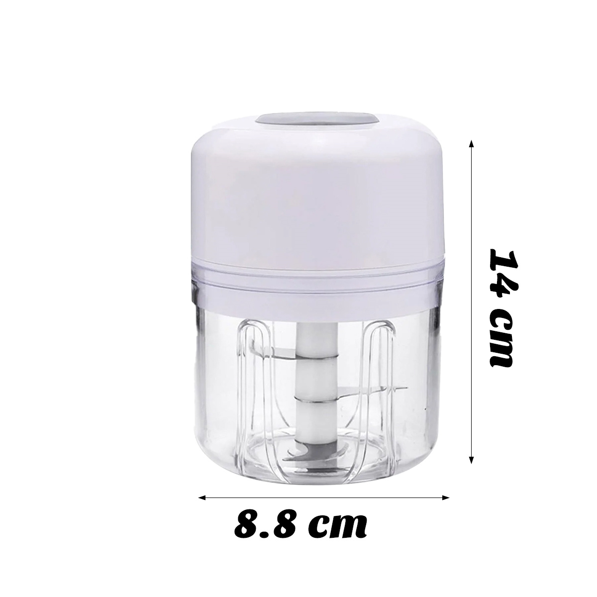 Ein weißer und transparenter Mini-Foodprozessor ist abgebildet. Die Abmessungen sind mit 14 cm Höhe und 8,8 cm Breite angegeben.
