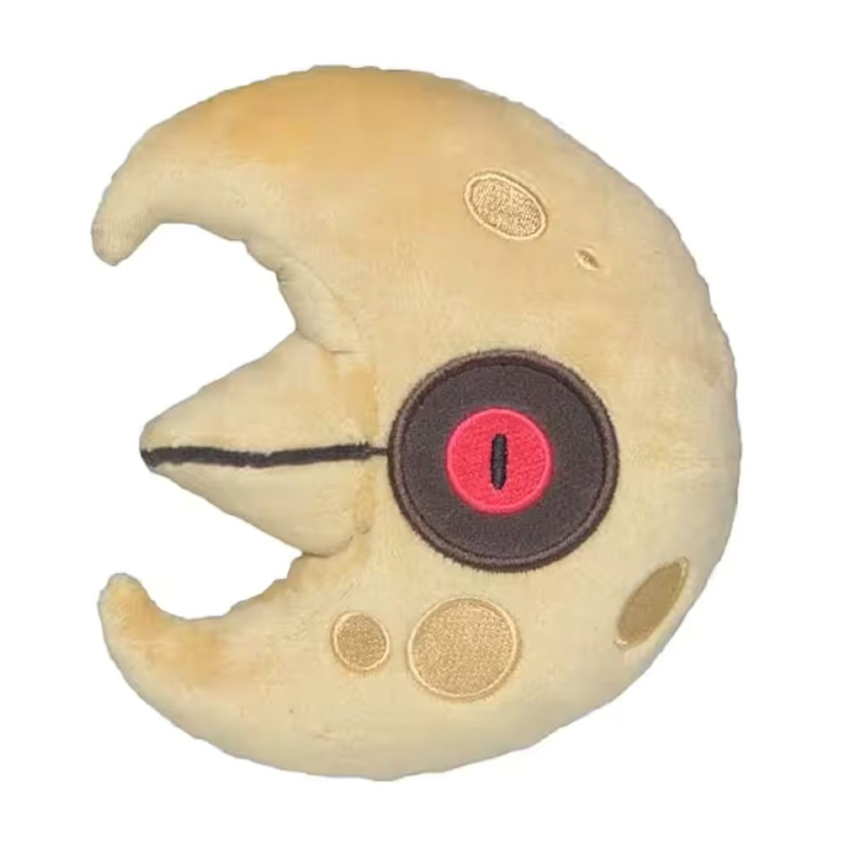 Ein Plüschtier in Form eines Halbmonds mit einem kreisförmigen Auge. Der Mond ist hellgelb mit braunen Details und einem roten Auge.