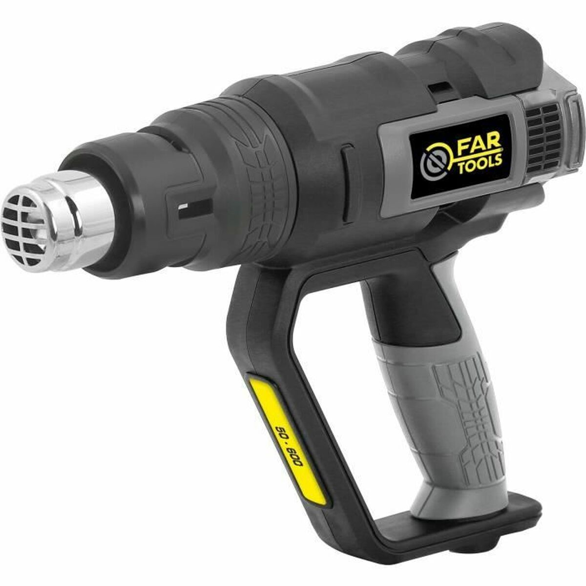 Una pistola termica Far Tools nera e grigia. Ha un'impugnatura, un ugello e un display digitale che mostra gli intervalli di temperatura.