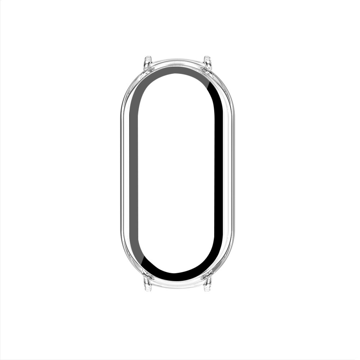 Un oggetto trasparente, di forma ovale con bordo nero e grigio, forse una custodia per orologio o una protezione schermo, su sfondo bianco.