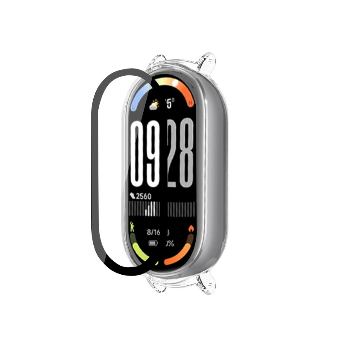 Uno smartwatch con custodia protettiva. Lo schermo mostra ora, data, passi e batteria. La custodia è trasparente e ha un design curvo.