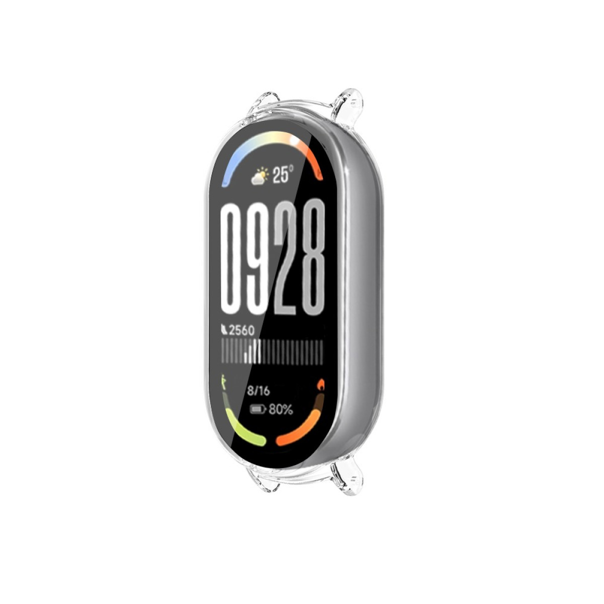 Uno smartwatch argentato con custodia protettiva trasparente. Il display mostra l'ora 09:28, la temperatura 25° e la batteria all'80%.