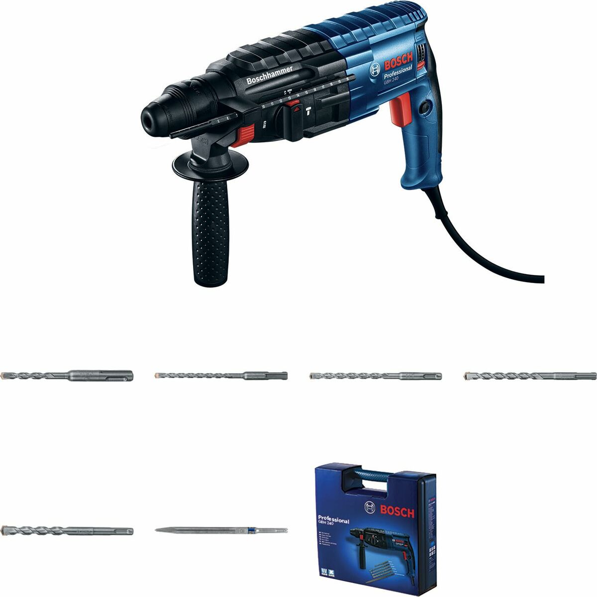 Ein blau-schwarzer Bosch-Hammerbohrer mit mehreren Bohreinsätzen und Verpackung wird angezeigt. Der Bohrer ist mit 'Boschhammer' beschriftet.