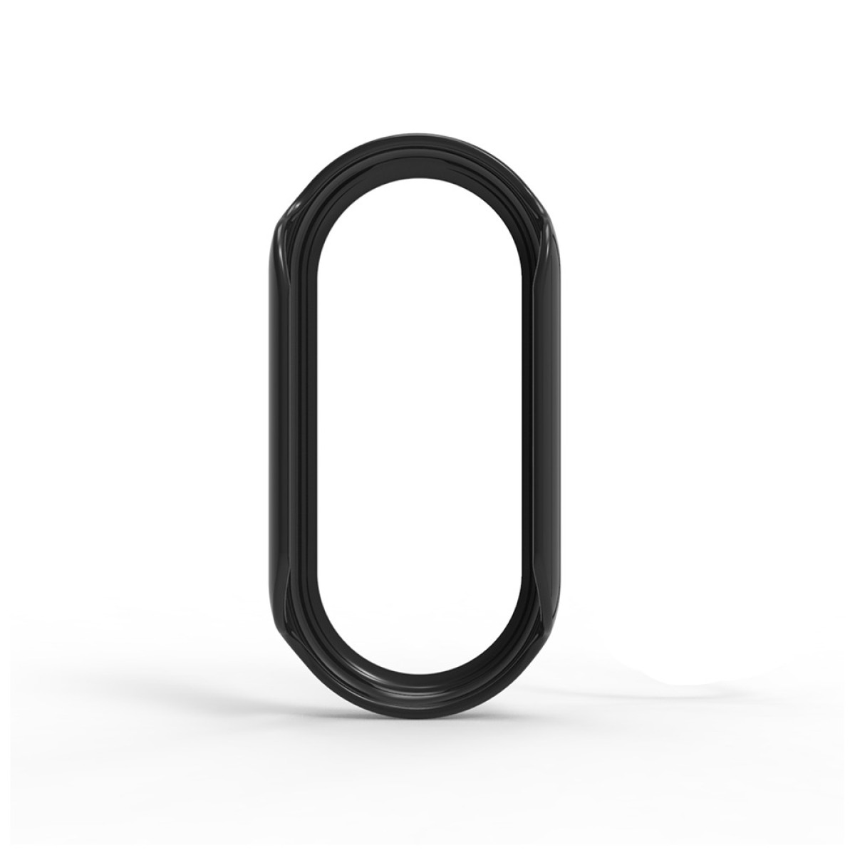 Un oggetto nero a forma ovale con un centro vuoto, su sfondo bianco. Ha una finitura lucida e un'ombra.
