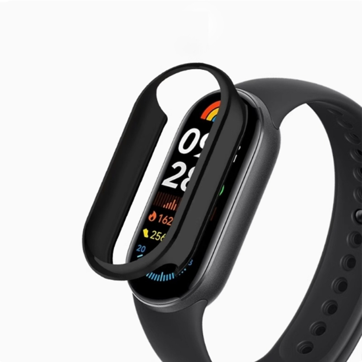 Uno smartwatch nero con una cornice protettiva. Il display mostra l'ora e i dati. L'orologio è su sfondo bianco.