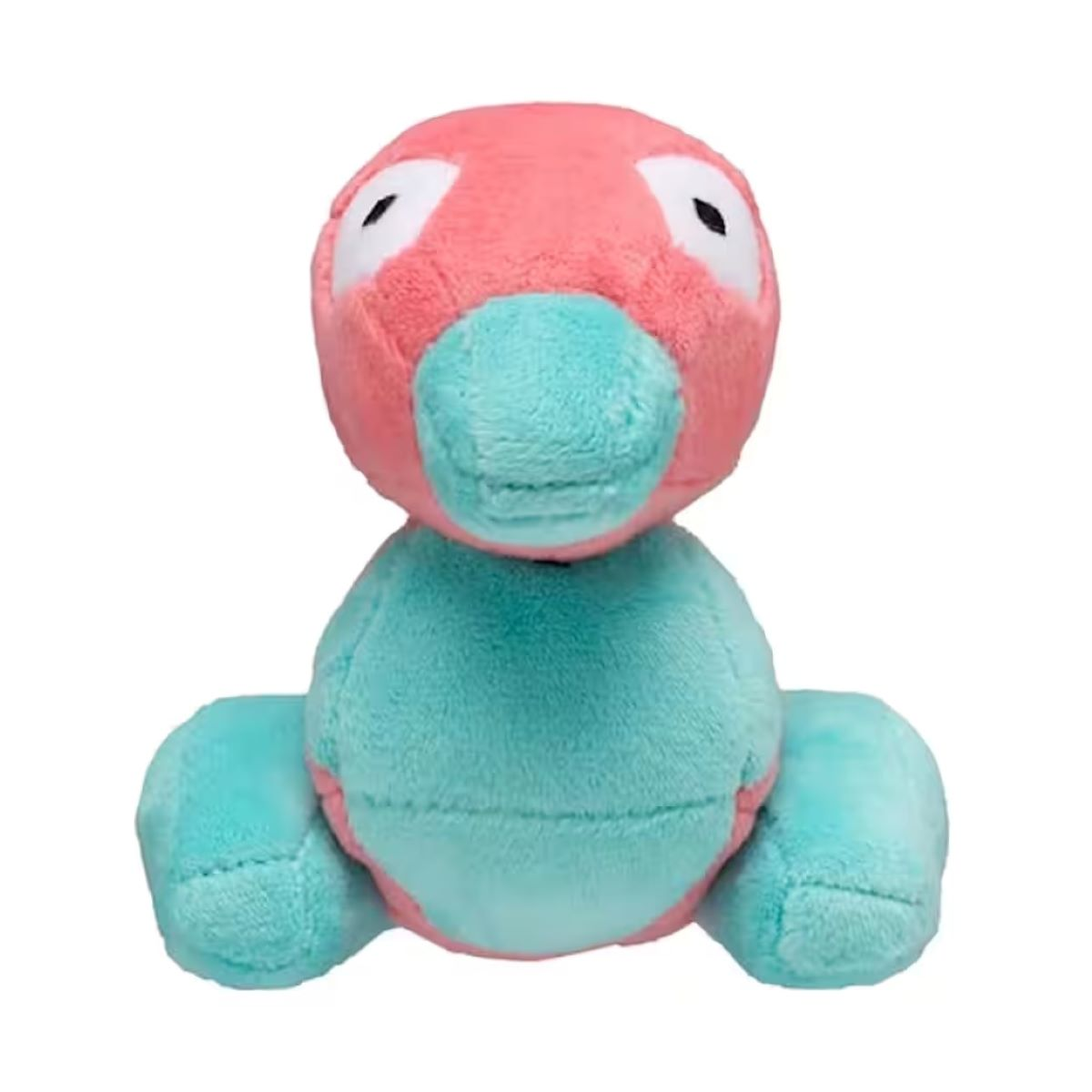 Ein Plüschtier in Form einer Zeichentrickfigur. Es hat einen rosa Kopf mit weißen Augen und einen tealfarbenen Schnabel. Der Körper ist teal.
