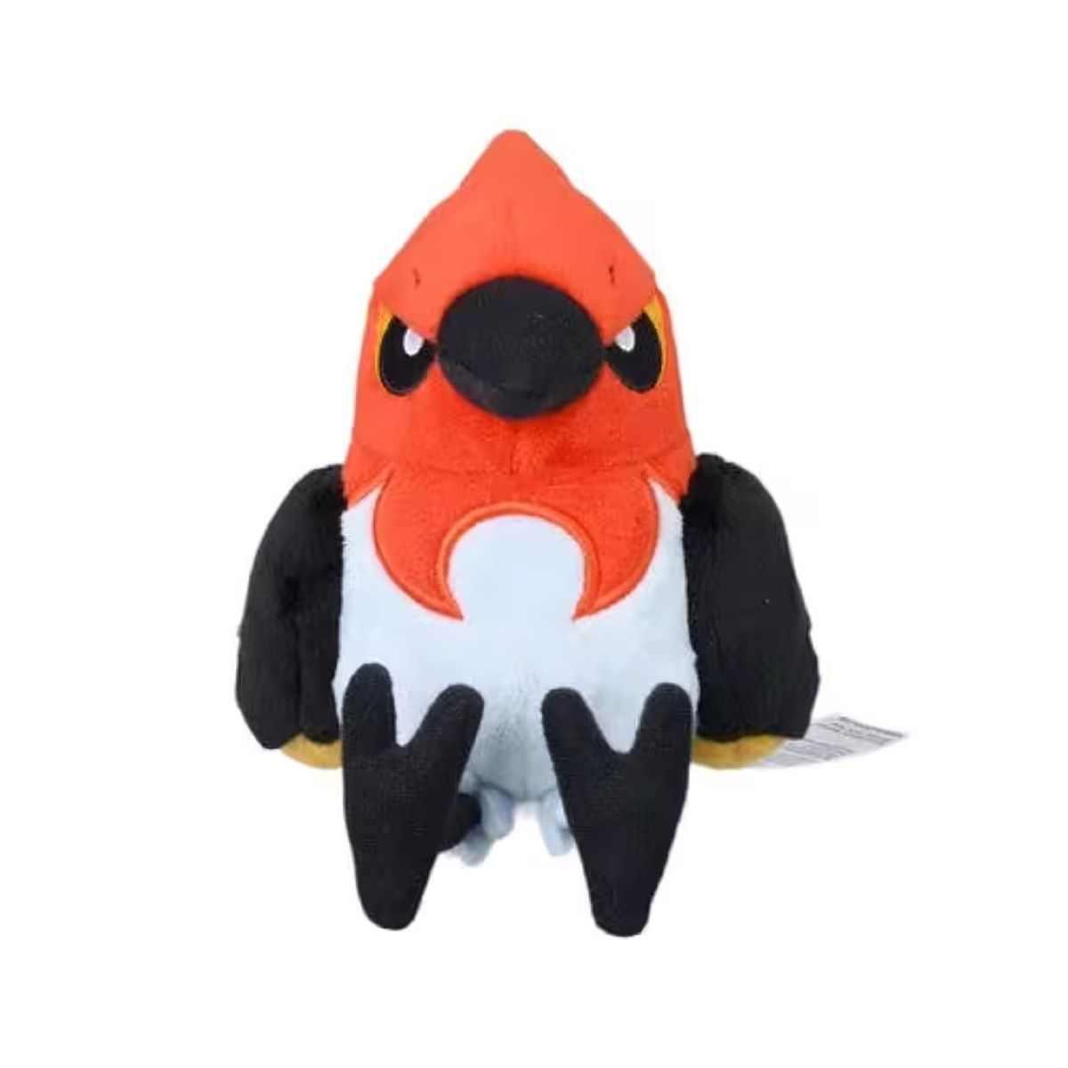 Ein Plüschvogel mit rotem Kopf, schwarzem Schnabel und Flügeln, weißer Brust mit orangefarbenem Design und schwarzen Füßen. Der Hintergrund ist weiß.