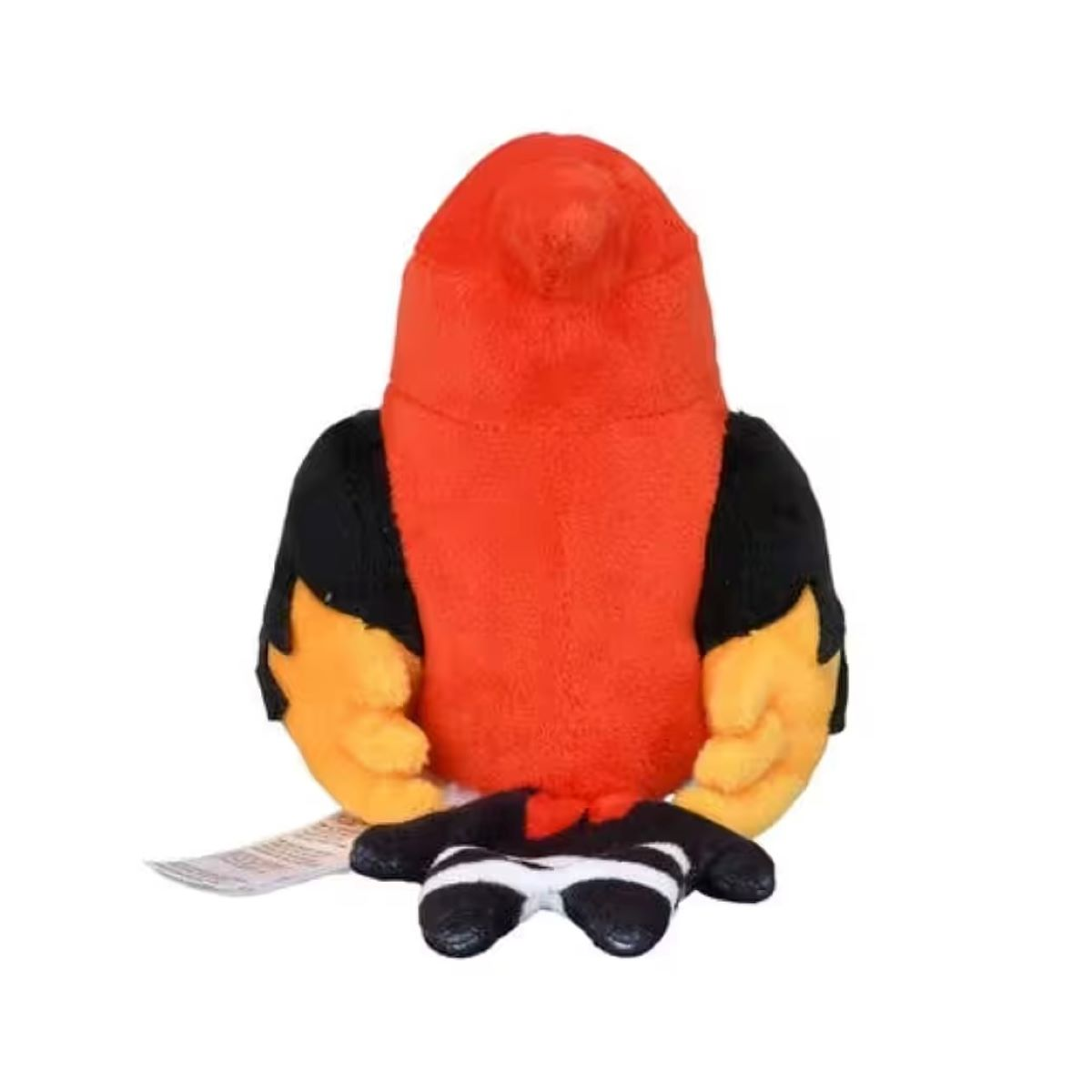 Ein Plüschvogelspielzeug mit rotem Körper, schwarzen Flügeln, gelben Akzenten und einem schwarz-weiß gestreiften Unterteil. Ein Etikett ist angebracht.