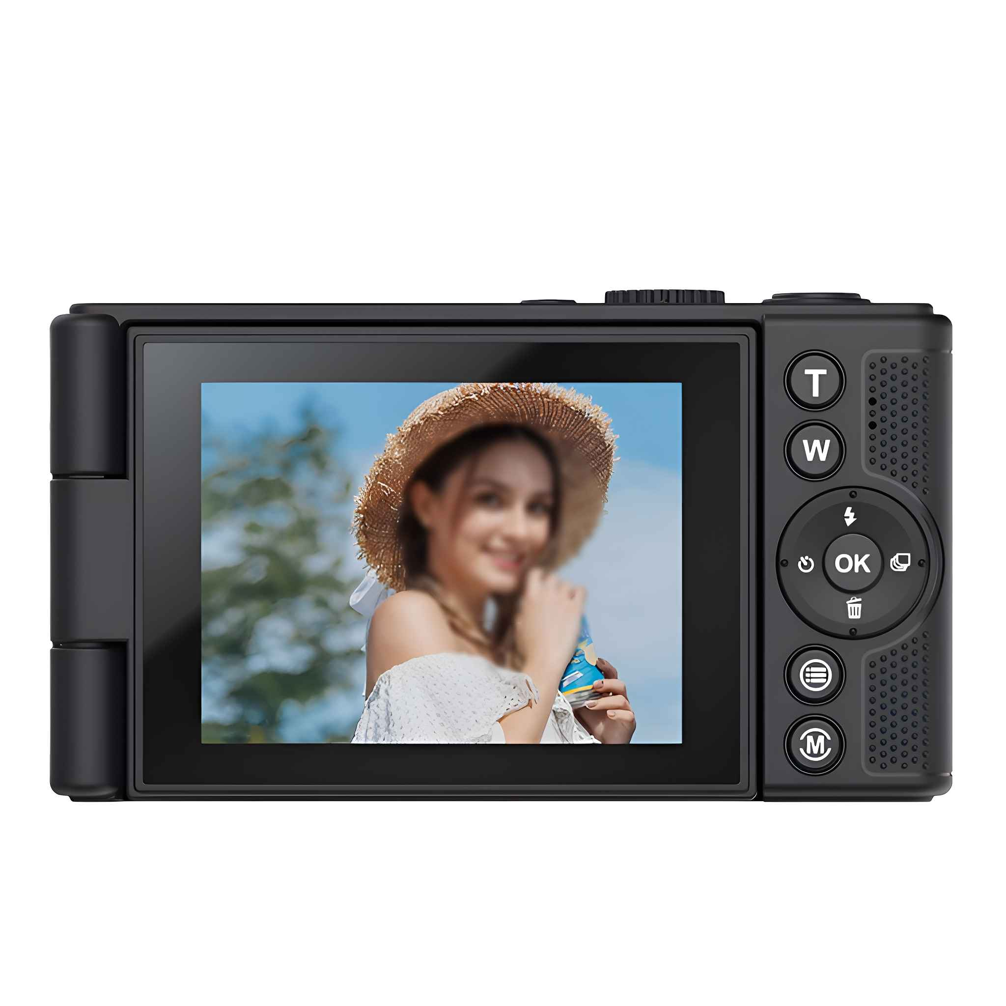 Schwarze Kamera, die eine Frau mit Strohhut zeigt. Die Kamera hat Knöpfe und einen Bildschirm mit dem Foto.