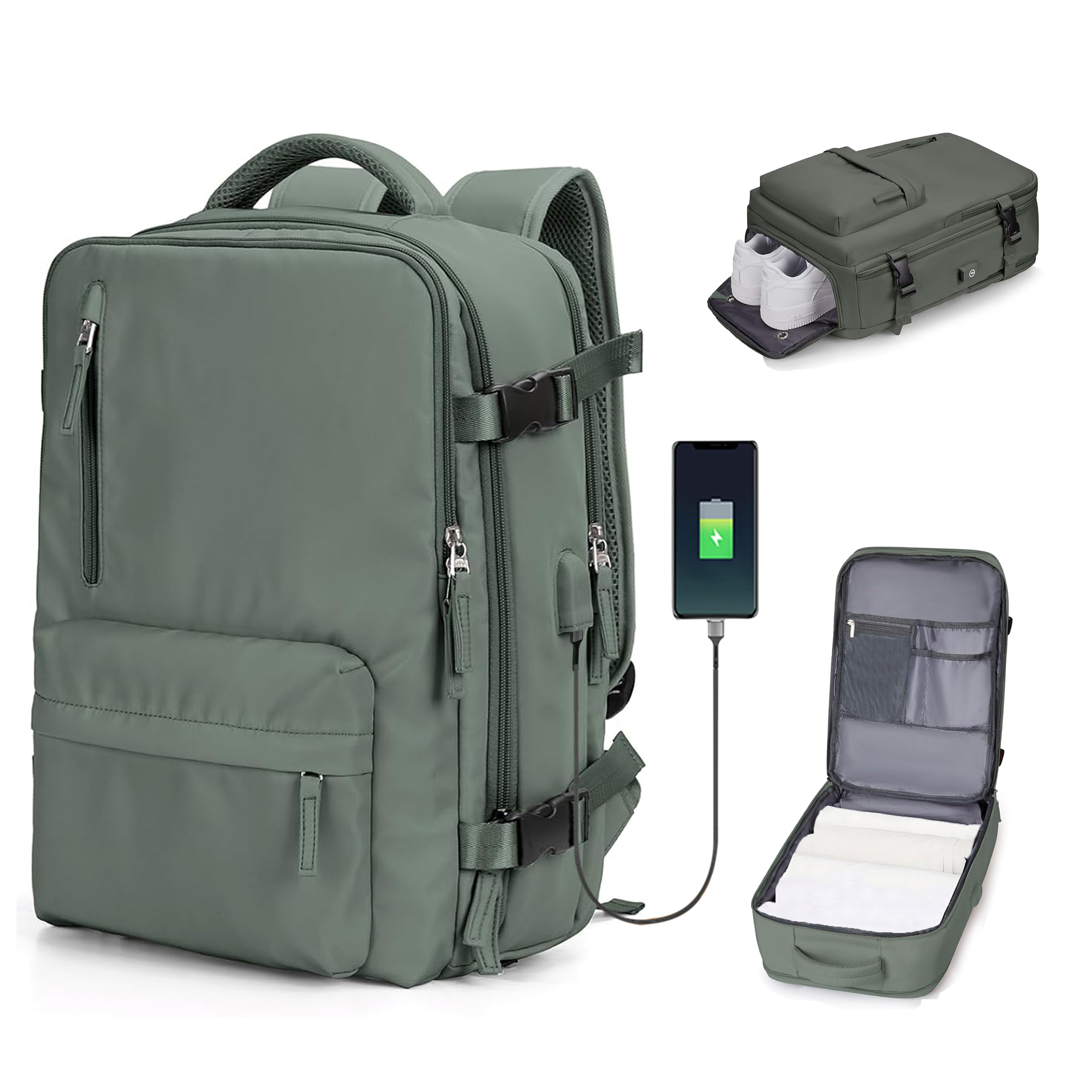 Grüner Reise-Rucksack mit mehreren Fächern, darunter ein Schuhfach und eine Telefonladefunktion, offen und geschlossen gezeigt.