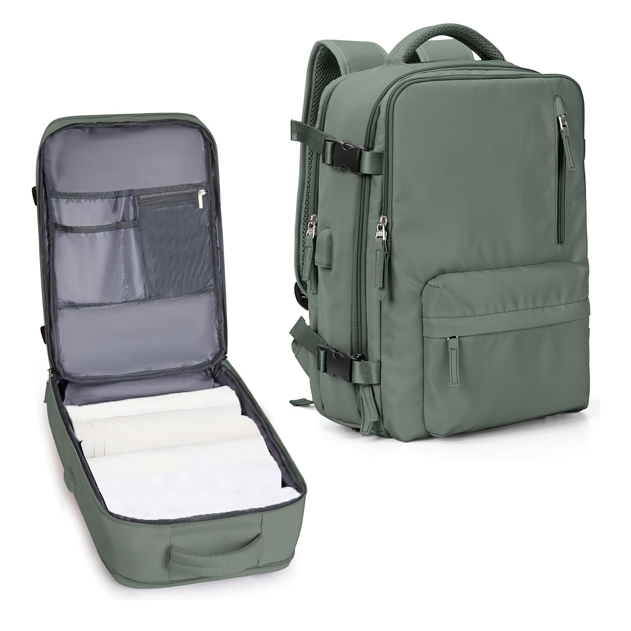 Grüner Reise-Rucksack mit offenem passenden Koffer. Der Koffer hat weiße Gegenstände im Inneren. Beide stehen auf weißem Hintergrund.