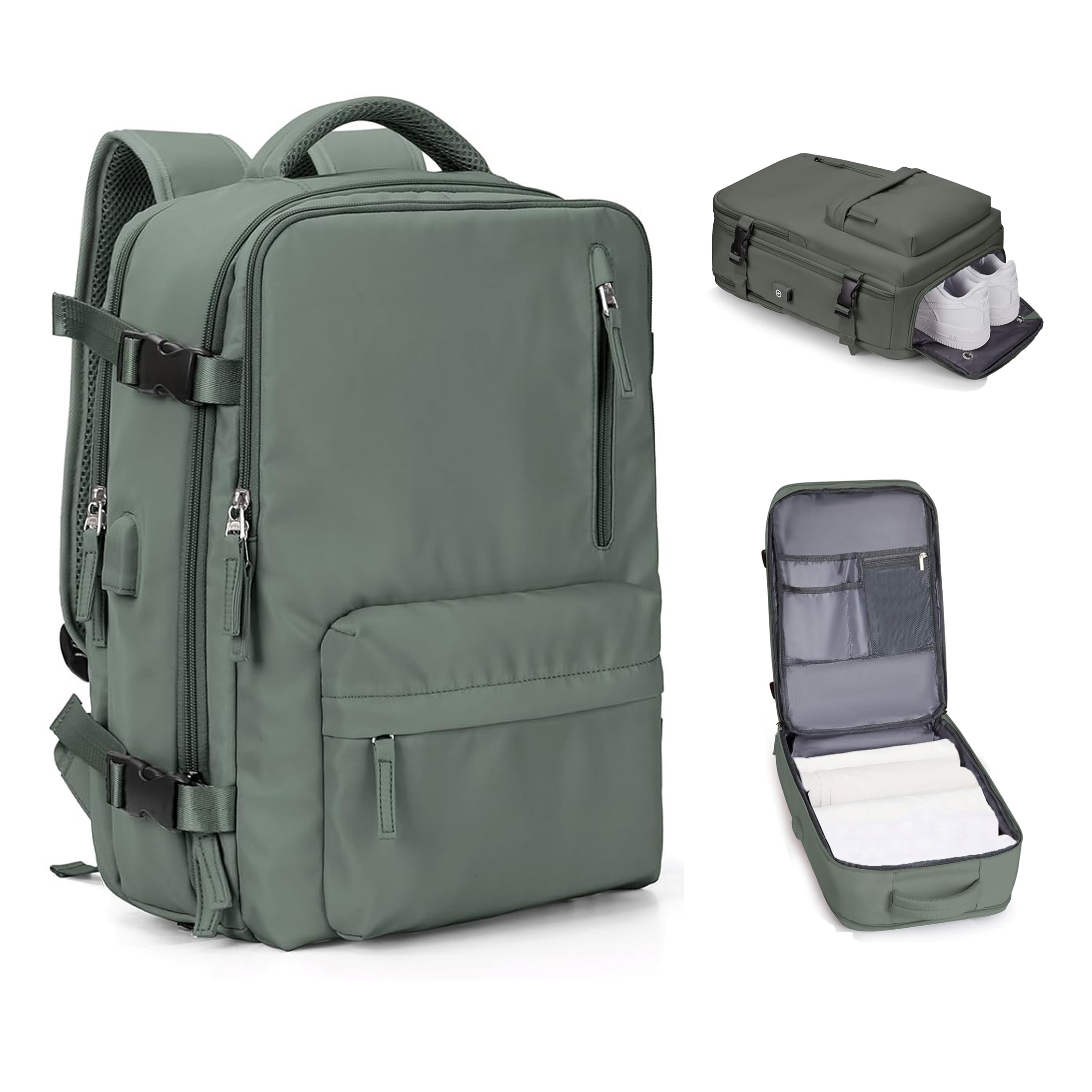 Ein grüner Rucksack mit mehreren Fächern wird gezeigt. Es gibt zwei zusätzliche Ansichten: ein Koffer mit Schuhen und ein geöffneter Koffer.