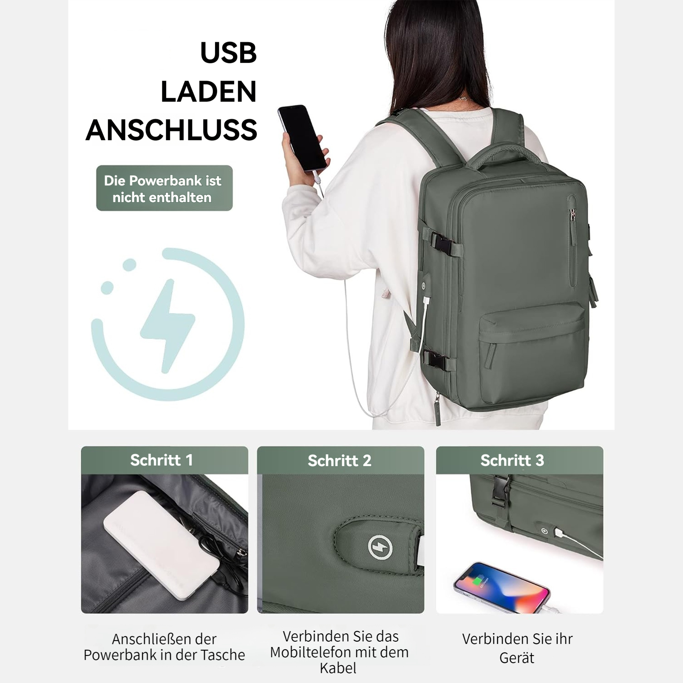Eine Frau mit Rucksack verbindet ihr Handy. Anweisungen zeigen, wie man eine Powerbank anschließt und ein Handy lädt.