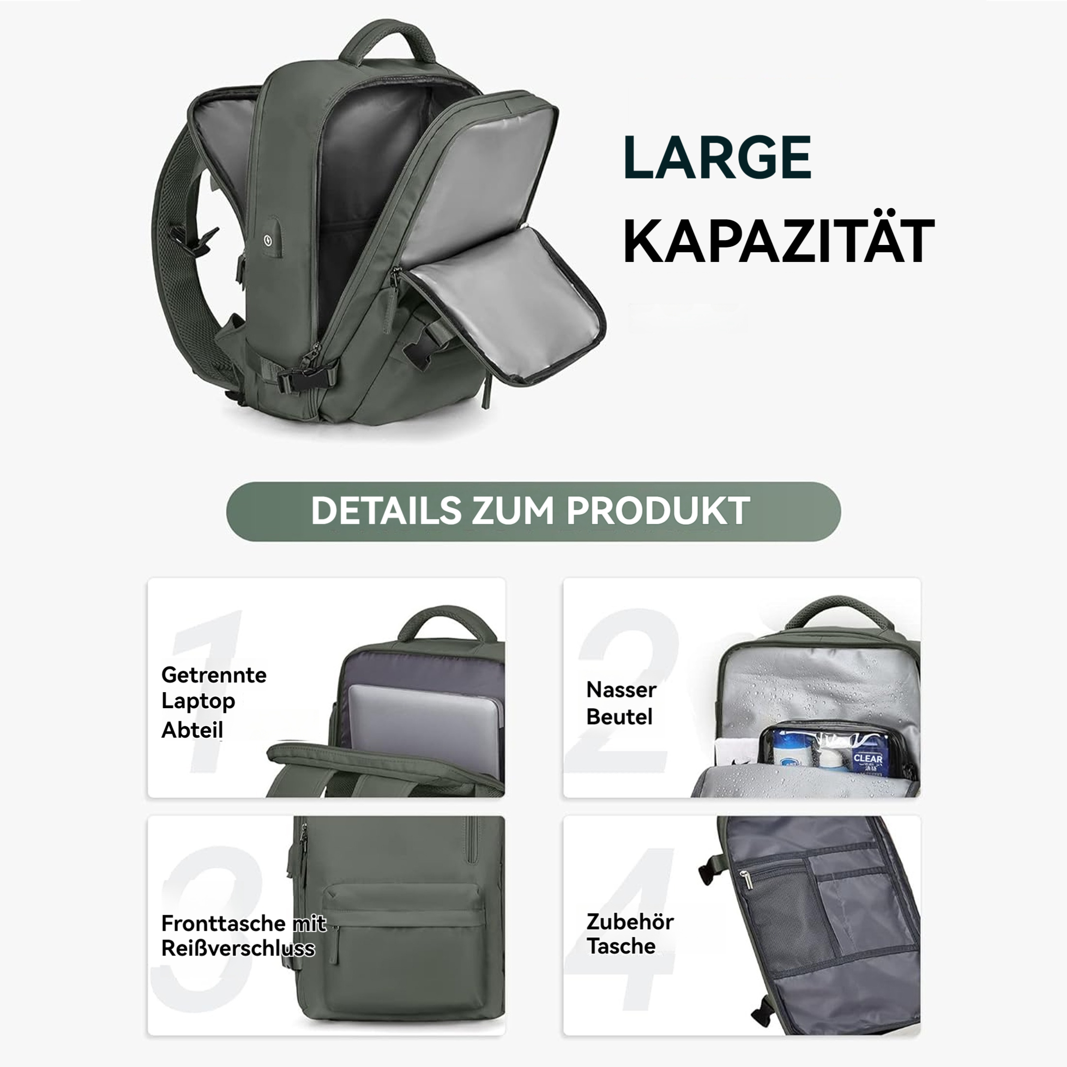 Ein offener grüner Rucksack zeigt Innenfächer, darunter ein Laptopfach, eine Nasstasche und Zubehörtaschen. Text hebt die Merkmale der Tasche hervor.