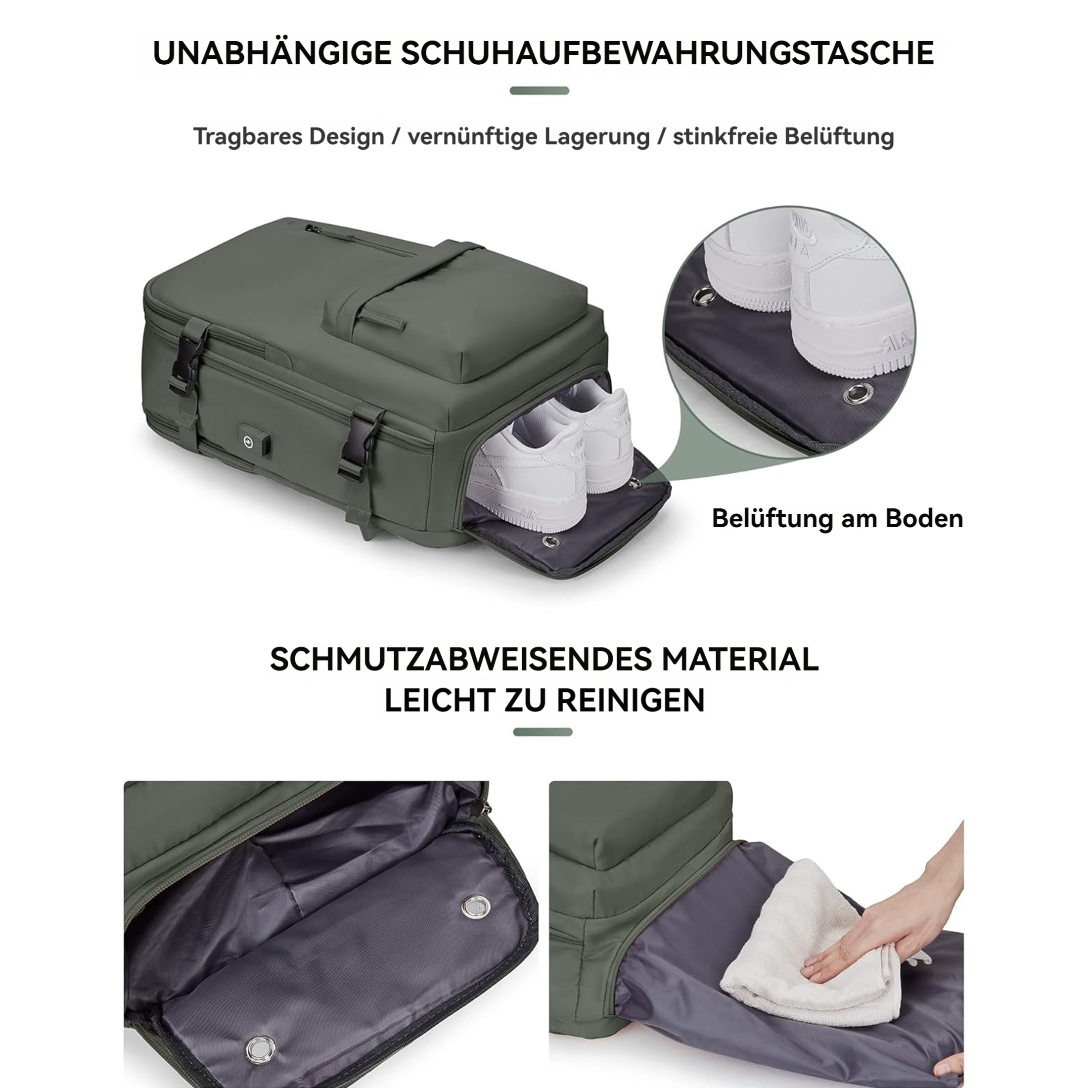 Eine grüne Schuhaufbewahrungstasche mit weißen Turnschuhen. Sie hat Belüftung und ist leicht zu reinigen. Text: unabhängige Schuhaufbewahrungstasche.