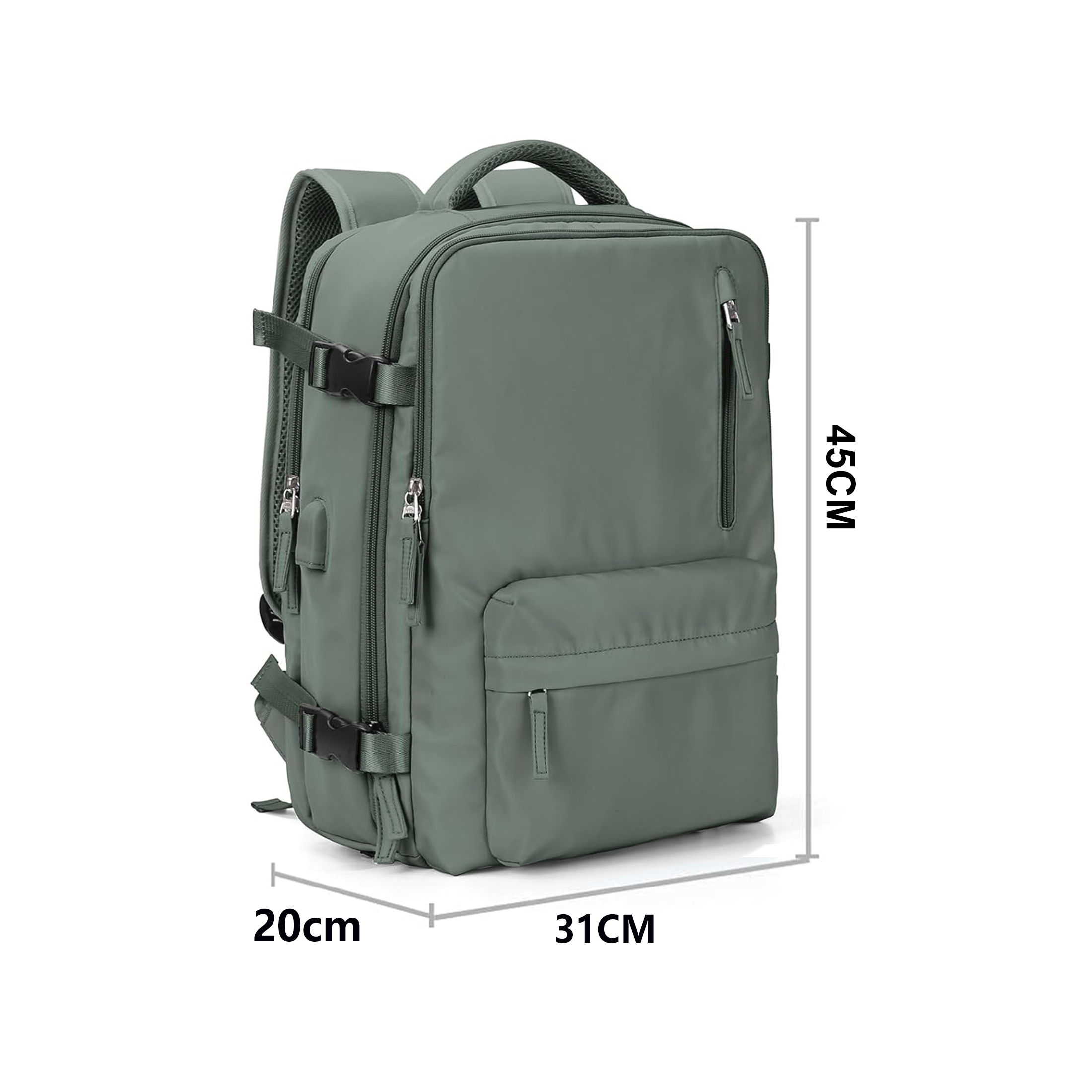 Ein olivgrüner Rucksack mit den Maßen: 20 cm breit, 31 cm lang und 45 cm hoch. Er hat mehrere Taschen und Reißverschlüsse.