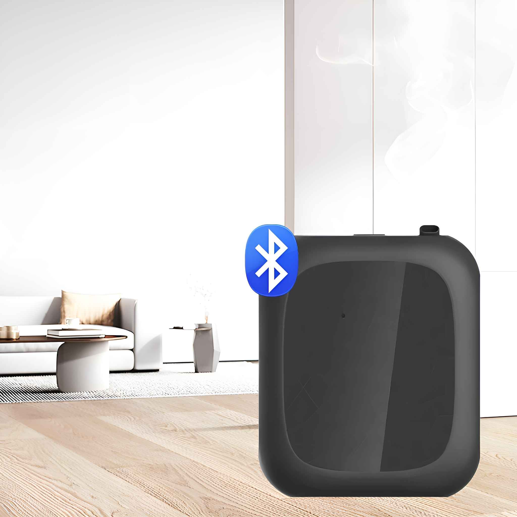 Schwarzes Gerät mit Bluetooth-Logo, in einem Raum mit Holzboden, weißen Wänden, Sofa und Tisch.