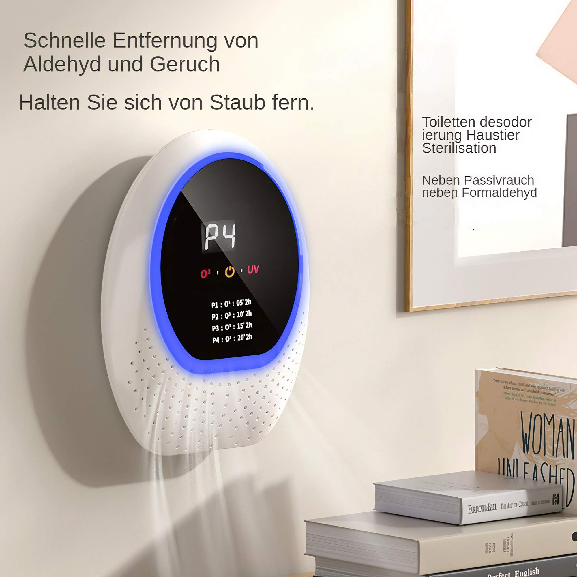 Weißer Luftreiniger an der Wand mit blauem Licht. Text: entfernt Gerüche und Staub. Bücher sind darunter gestapelt.