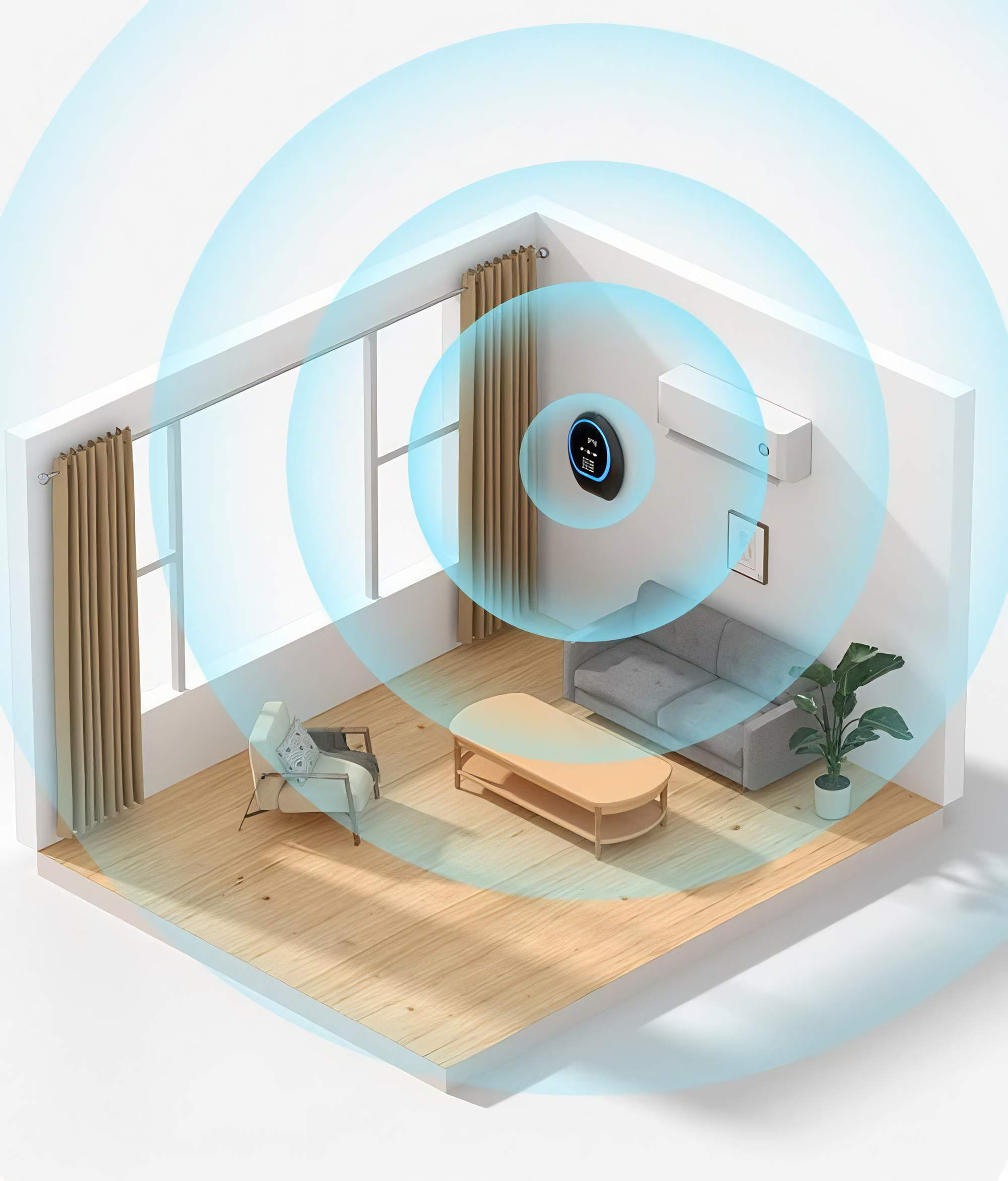 Zimmerszene mit Bedienfeld an der Wand, Klimaanlage, Sofa, Sessel, Tisch und Pflanze. Blaue Funkwellen sichtbar.