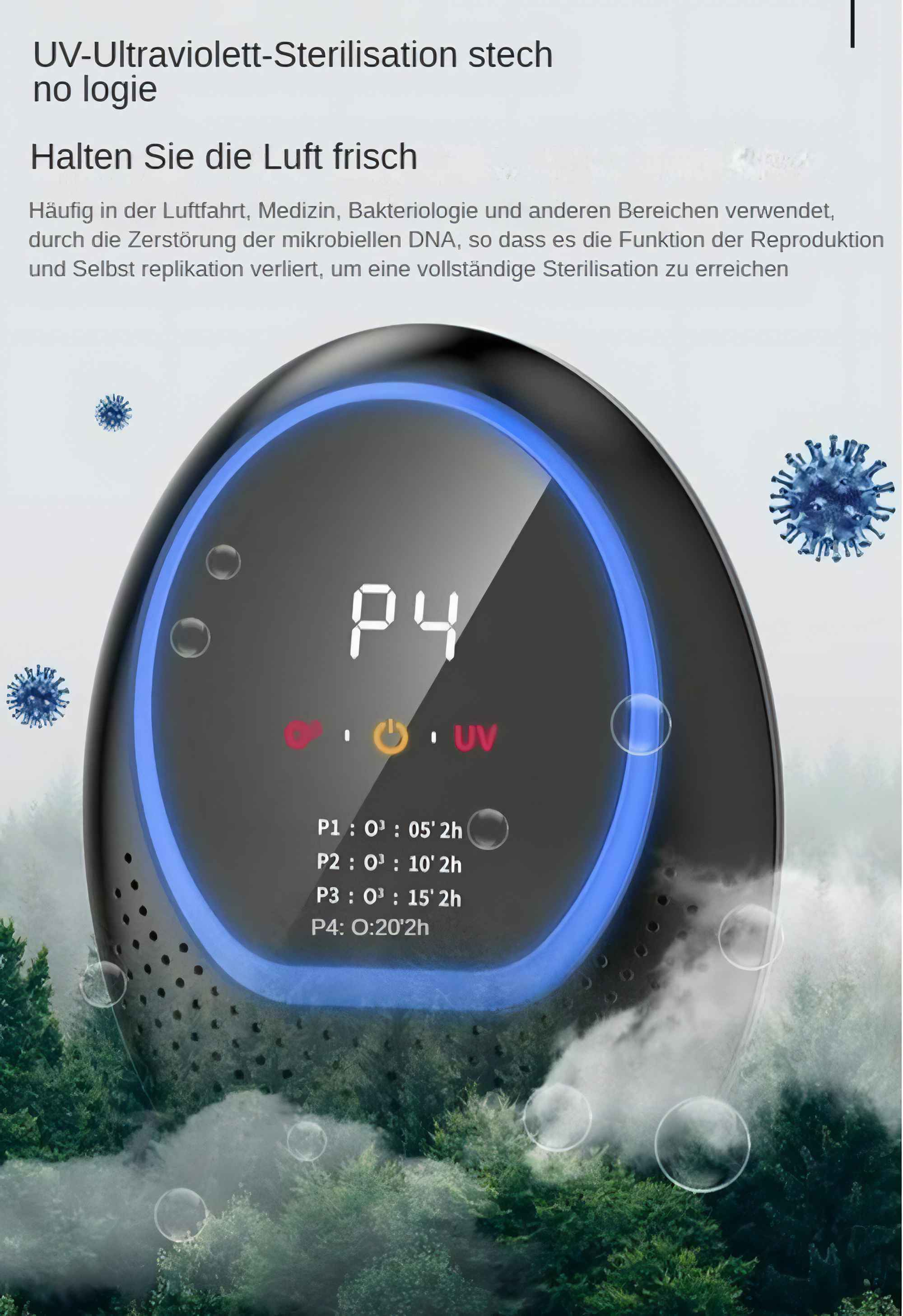 Ein Luftreiniger mit digitaler Anzeige, die P4 anzeigt. Text und Bilder von Viren und Nebel sind im Hintergrund.