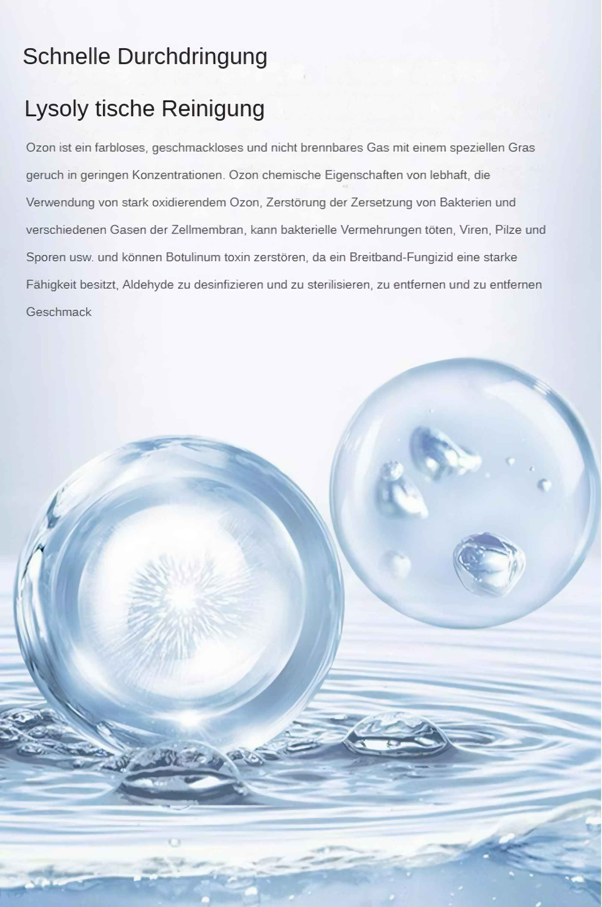 Zwei große, klare Blasen schweben über wellenartigem Wasser. Text auf Deutsch beschreibt Ozon.
