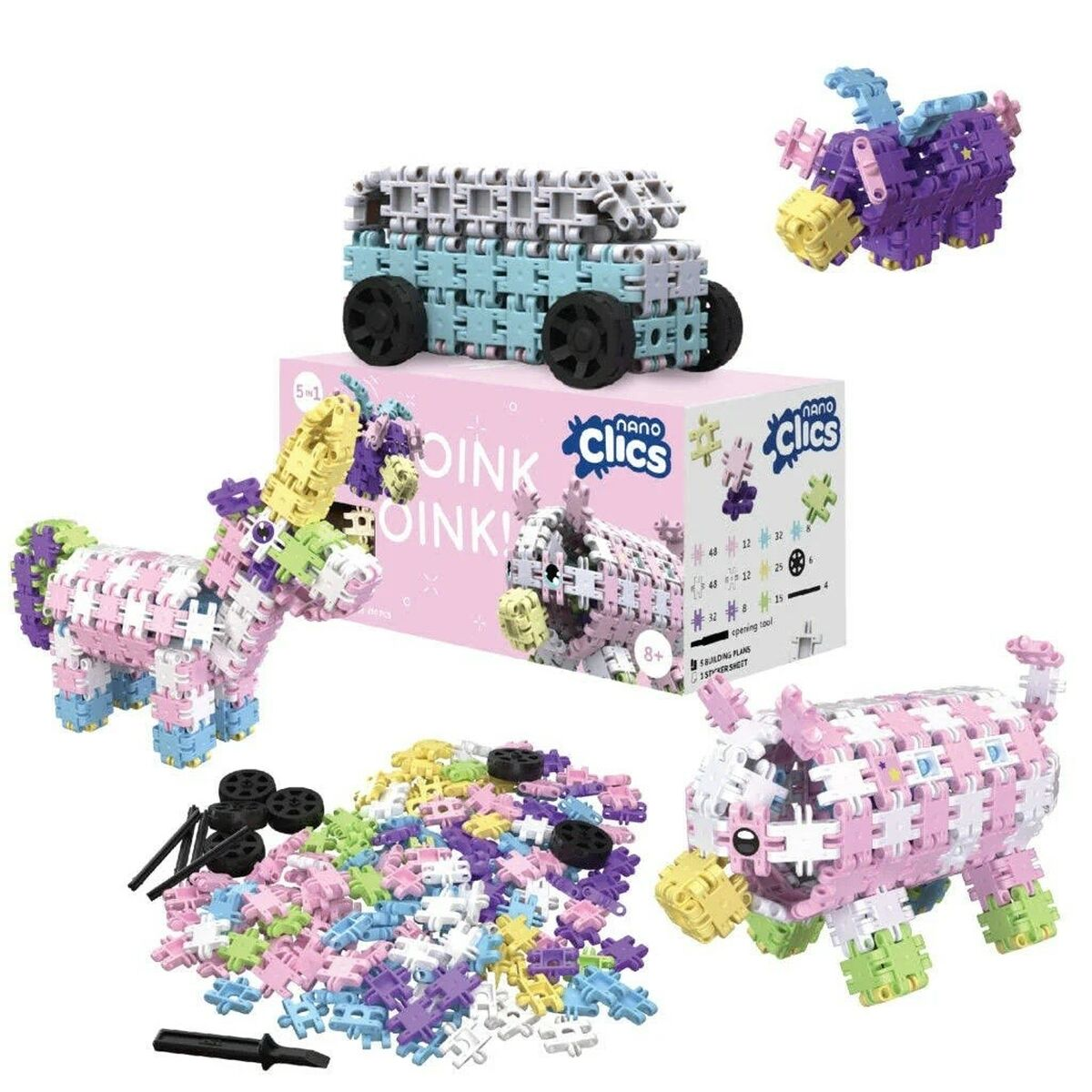 Ein Set mit Nano Clics Bausteinen. Mehrere Tier- und Fahrzeugmodelle sind abgebildet, zusammen mit losen Blöcken und Werkzeugen.
