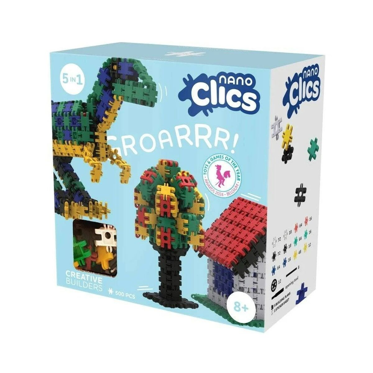 Schachtel mit Nano Clics Bausatz. Enthält einen Dinosaurier, einen Baum und ein Haus aus bunten Blöcken. Text enthält 'Roarrr!' und 'Creative Builders'.